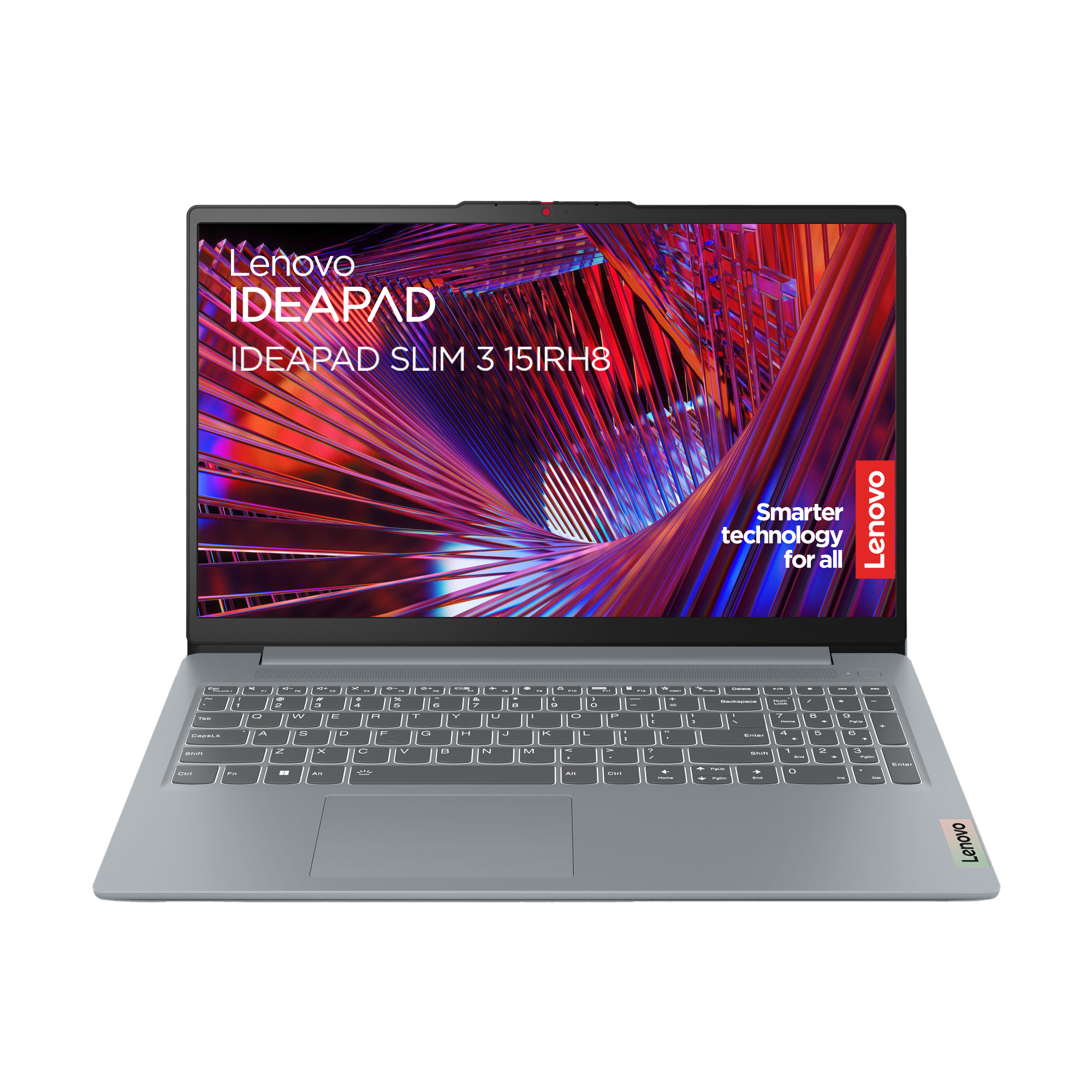 Laptop Lenovo Ideapad, gris, abierto. Pantalla muestra la marca Lenovo, teclado visible. Fondo blanco.