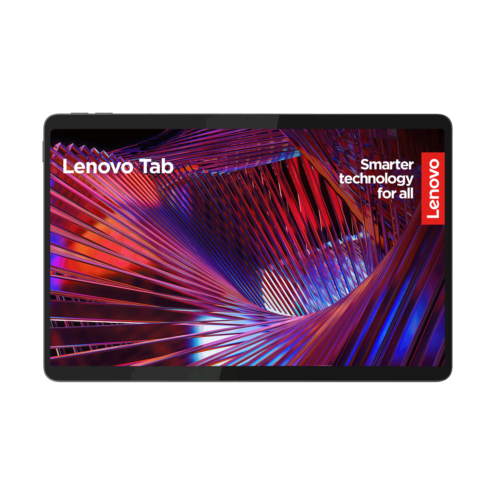 Tableta Lenovo sobre fondo negro. La pantalla muestra un patrón de remolino colorido. Logotipo de Lenovo.