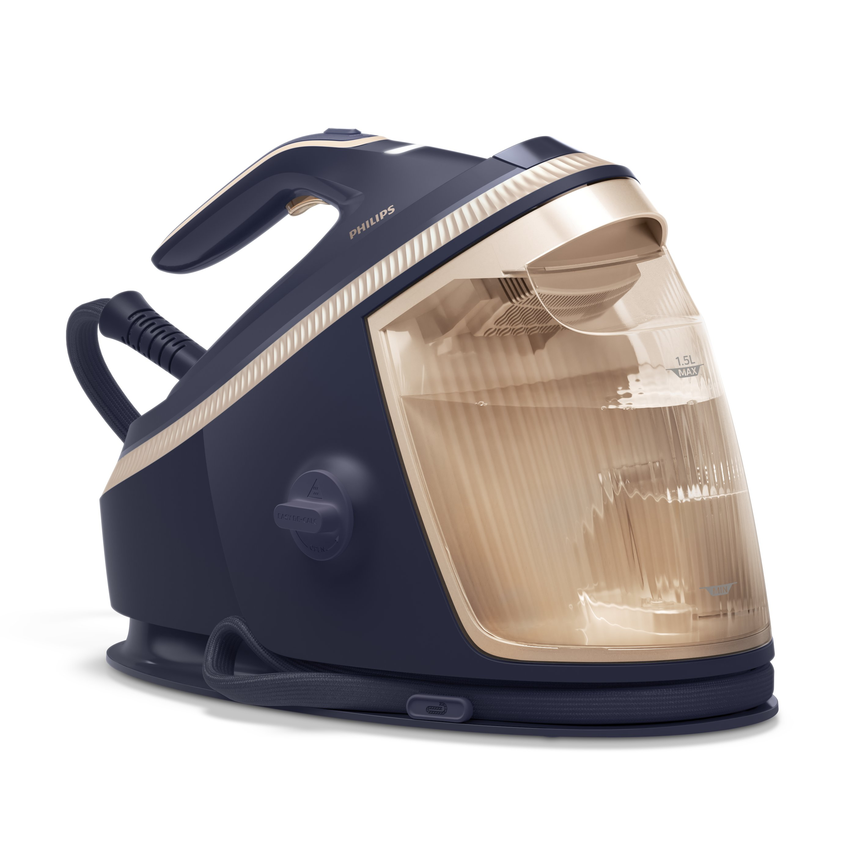 Una plancha de vapor Philips sobre fondo blanco. Es azul marino y dorado.