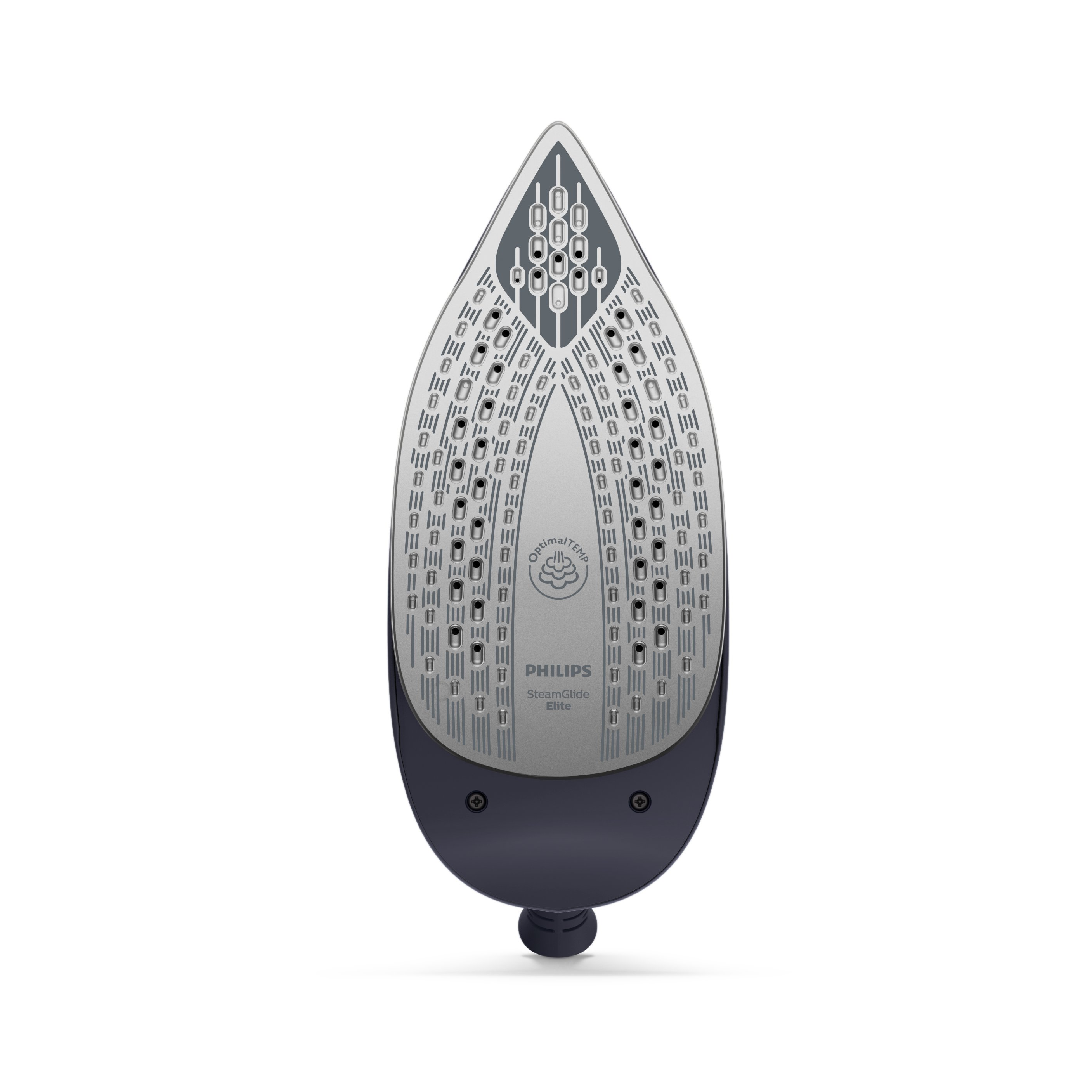 Vista inferior de una plancha Philips SteamGlide Elite. Es gris y azul oscuro, con texto y muchos agujeros pequeños.