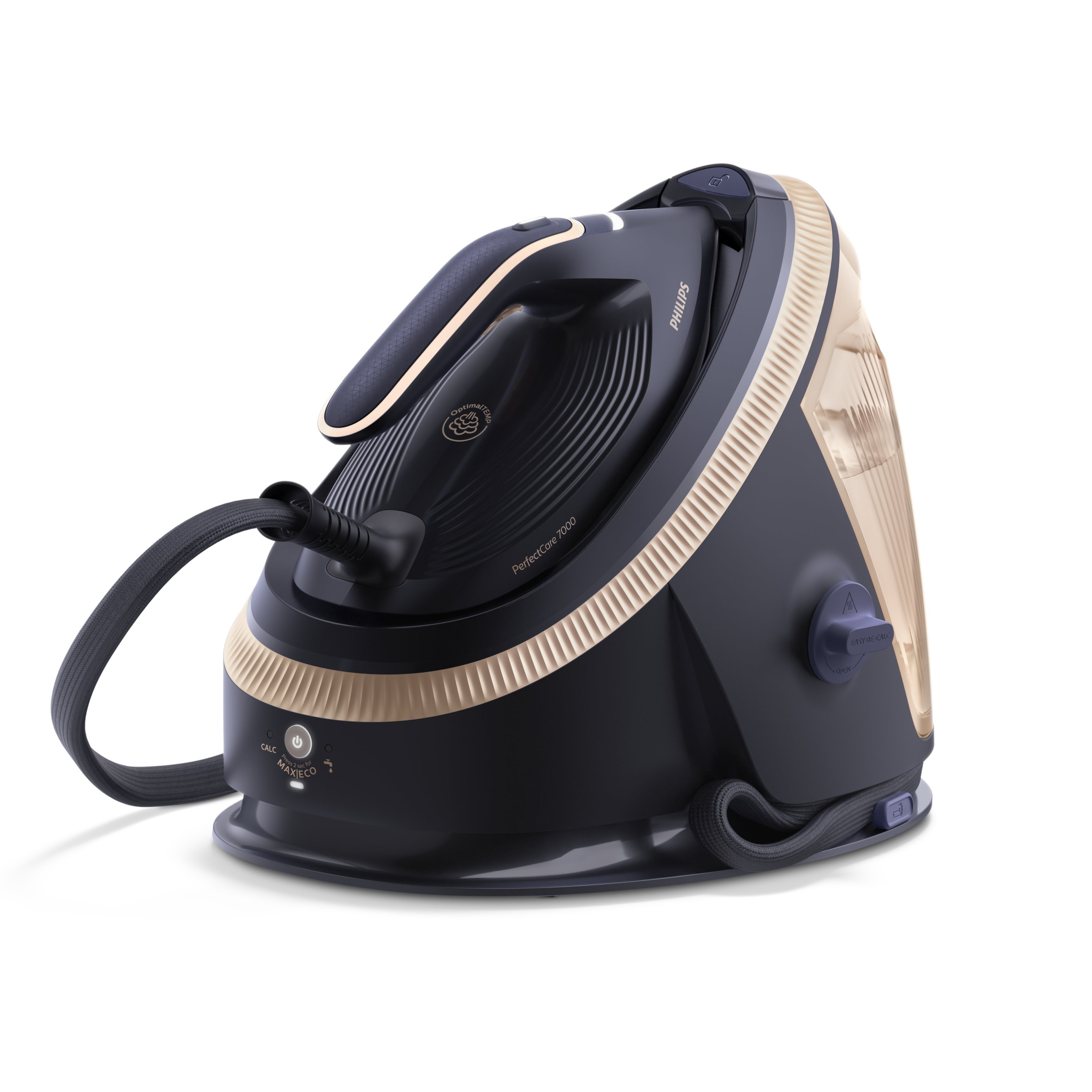 Una plancha Philips PerfectCare 7000 negra y dorada sobre fondo blanco. Tiene cable y botones negros.