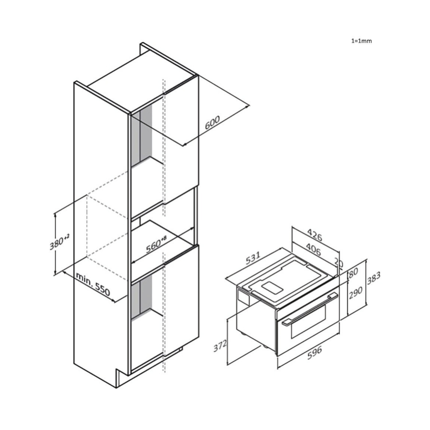 Disegno isometrico di forno e armadio a incasso, con dimensioni in millimetri, che mostra specifiche di design e dimensioni.