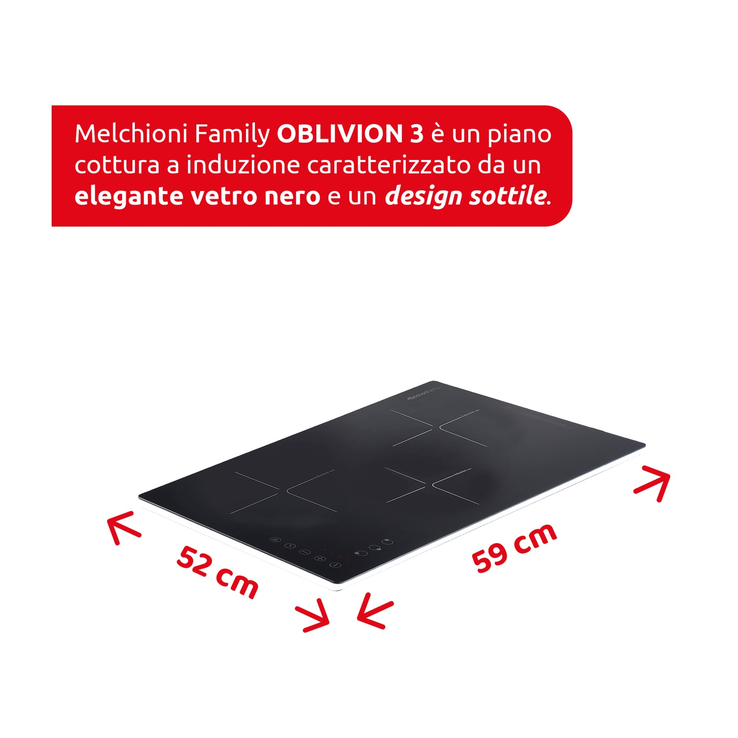 Piano cottura a induzione nero, 52x59 cm. Design elegante e pulsanti di controllo. Testo in italiano.