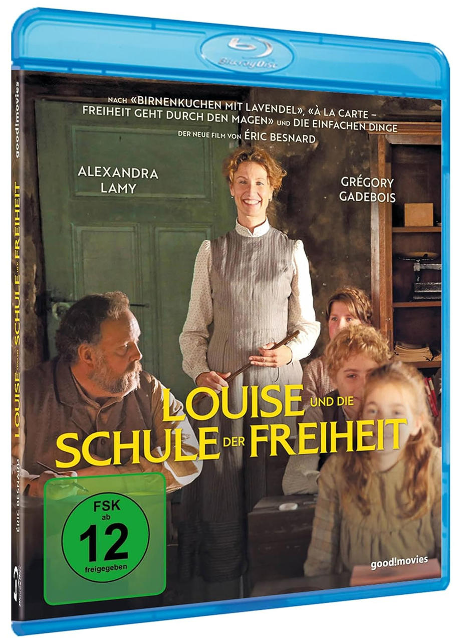 Blu-ray-Cover für 'Louise Schule der Freiheit'. Frau mit Kindern. Titel, Schauspielernamen und Bewertungssymbol.
