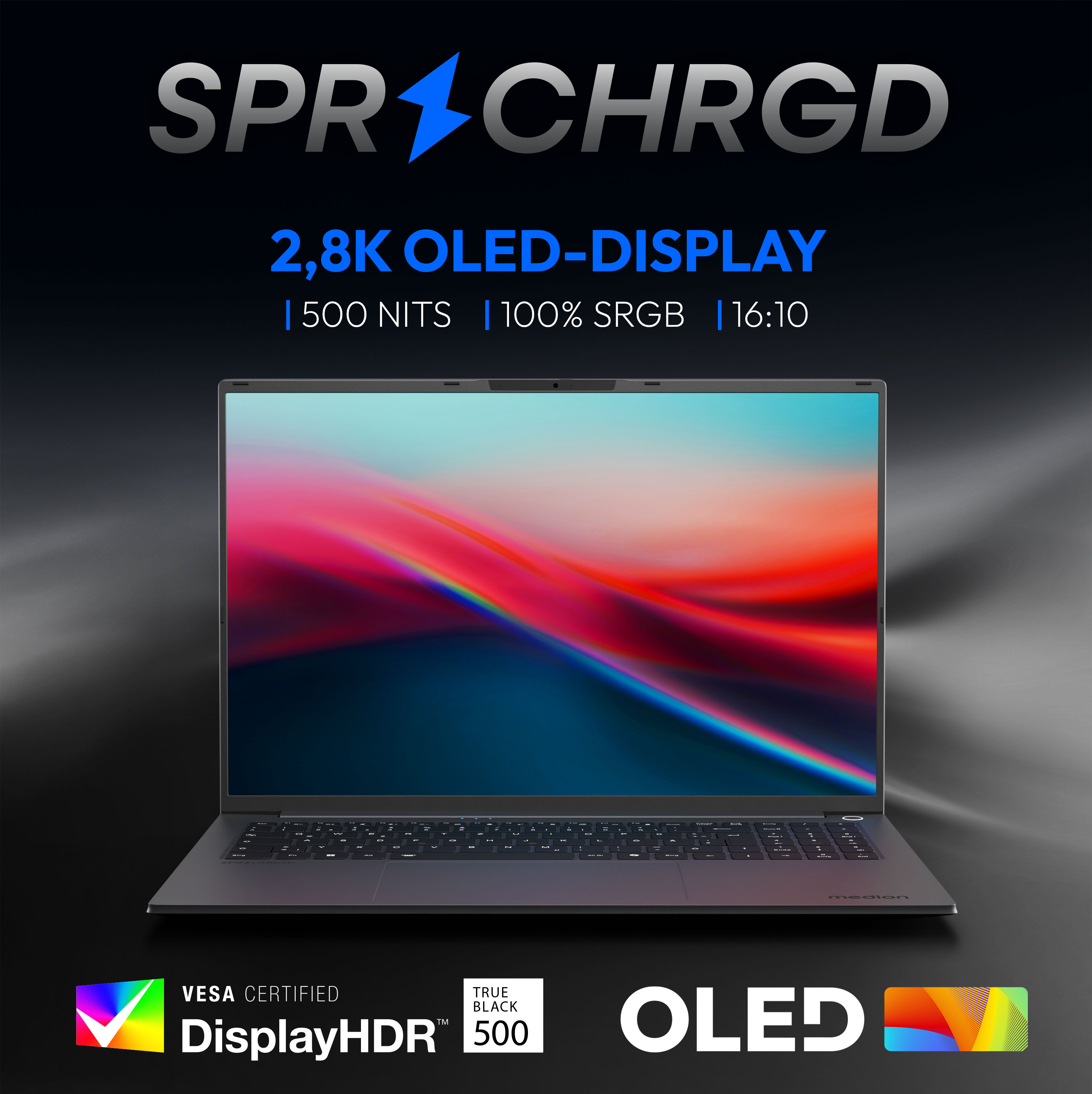 Laptop mit OLED-Display. Spezifikationen: 2,8K, 500 Nits, 100 % sRGB, 16:10. Mit DisplayHDR, True Black 500.