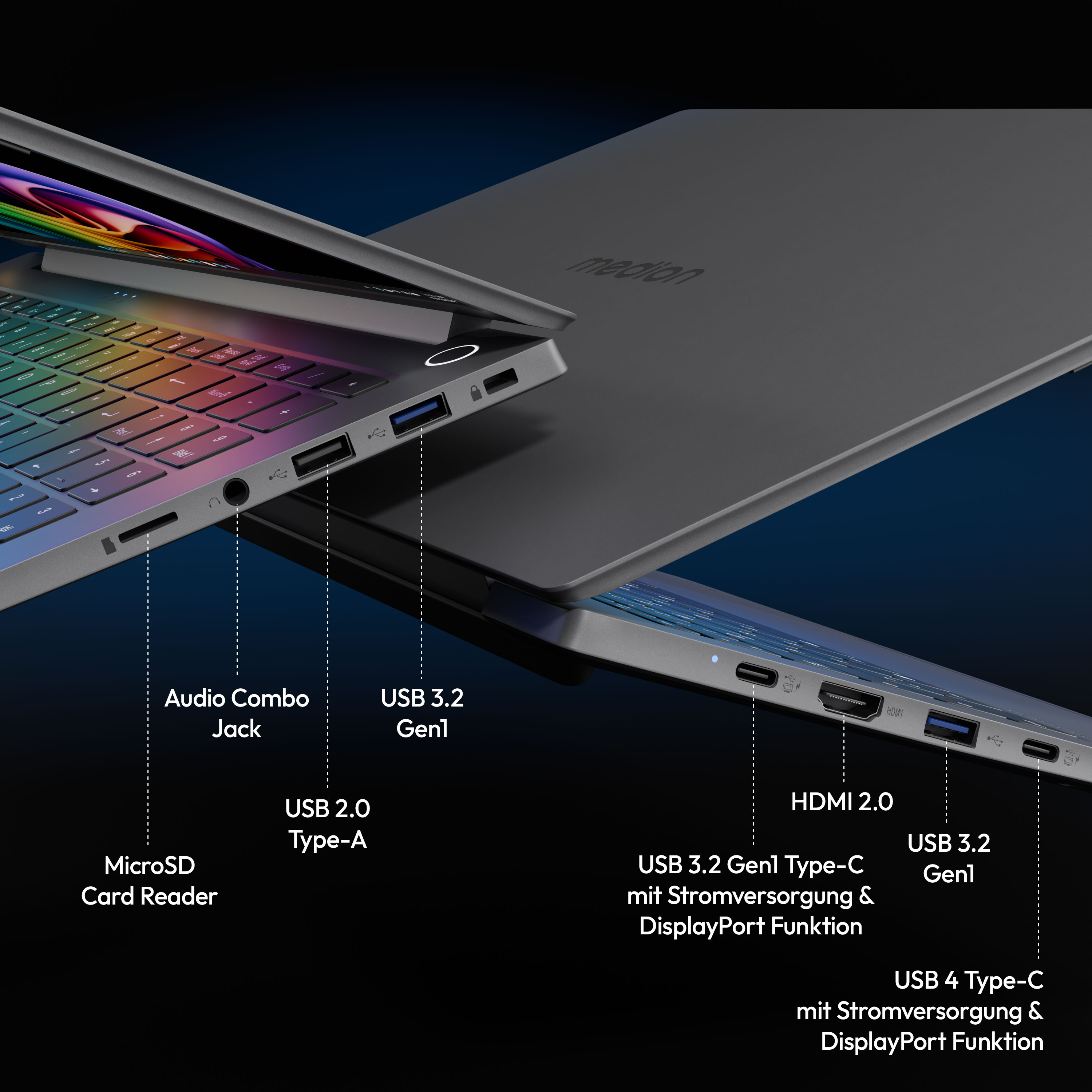 Laptop mit beschrifteten Anschlüssen. Enthält USB, HDMI, Audiobuchse und Kartenleser.
