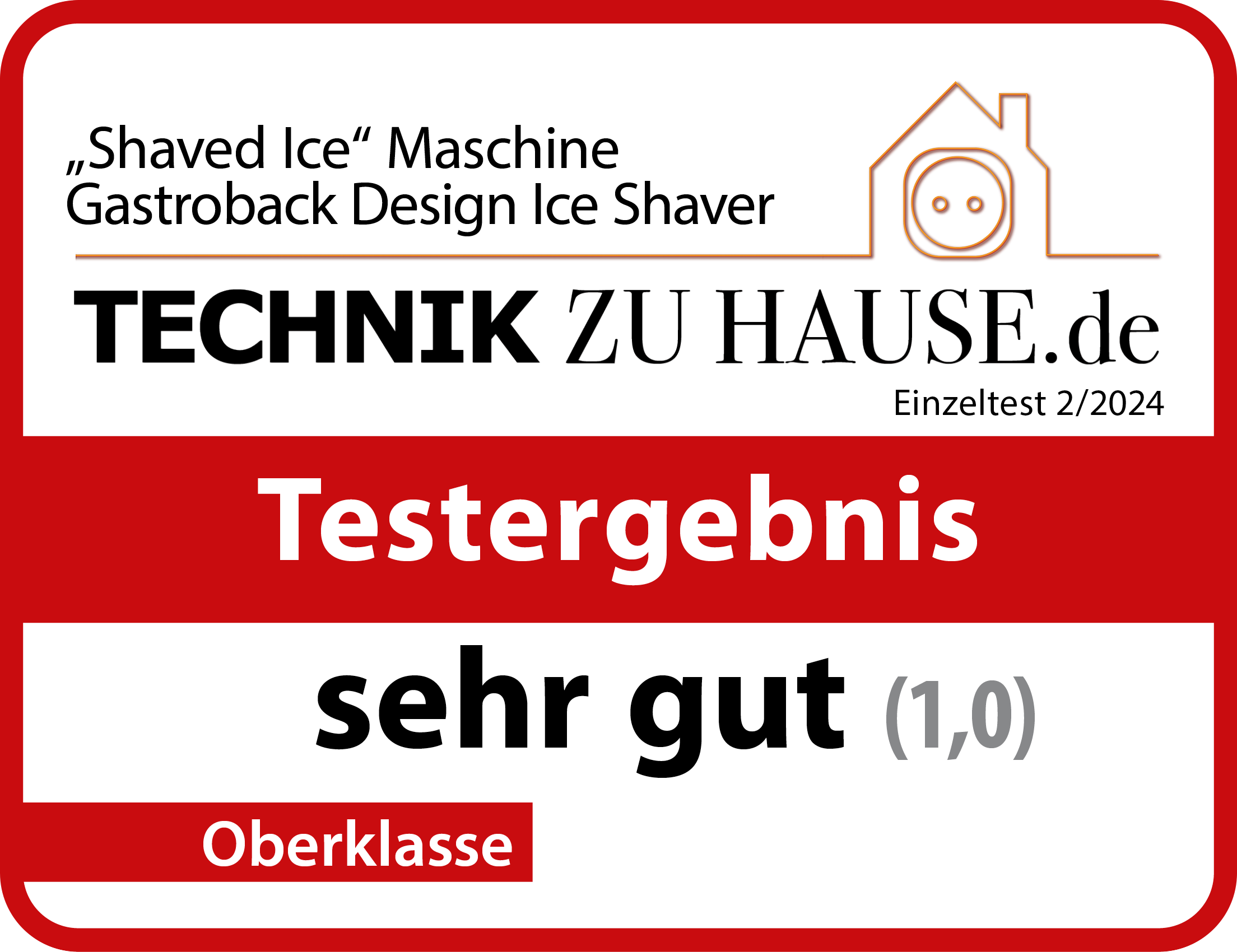 Ein rotes und weißes Etikett mit Text. Es steht 'sehr gut' und 'Testergebnis'. Es ist ein Eisrasierer-Test.