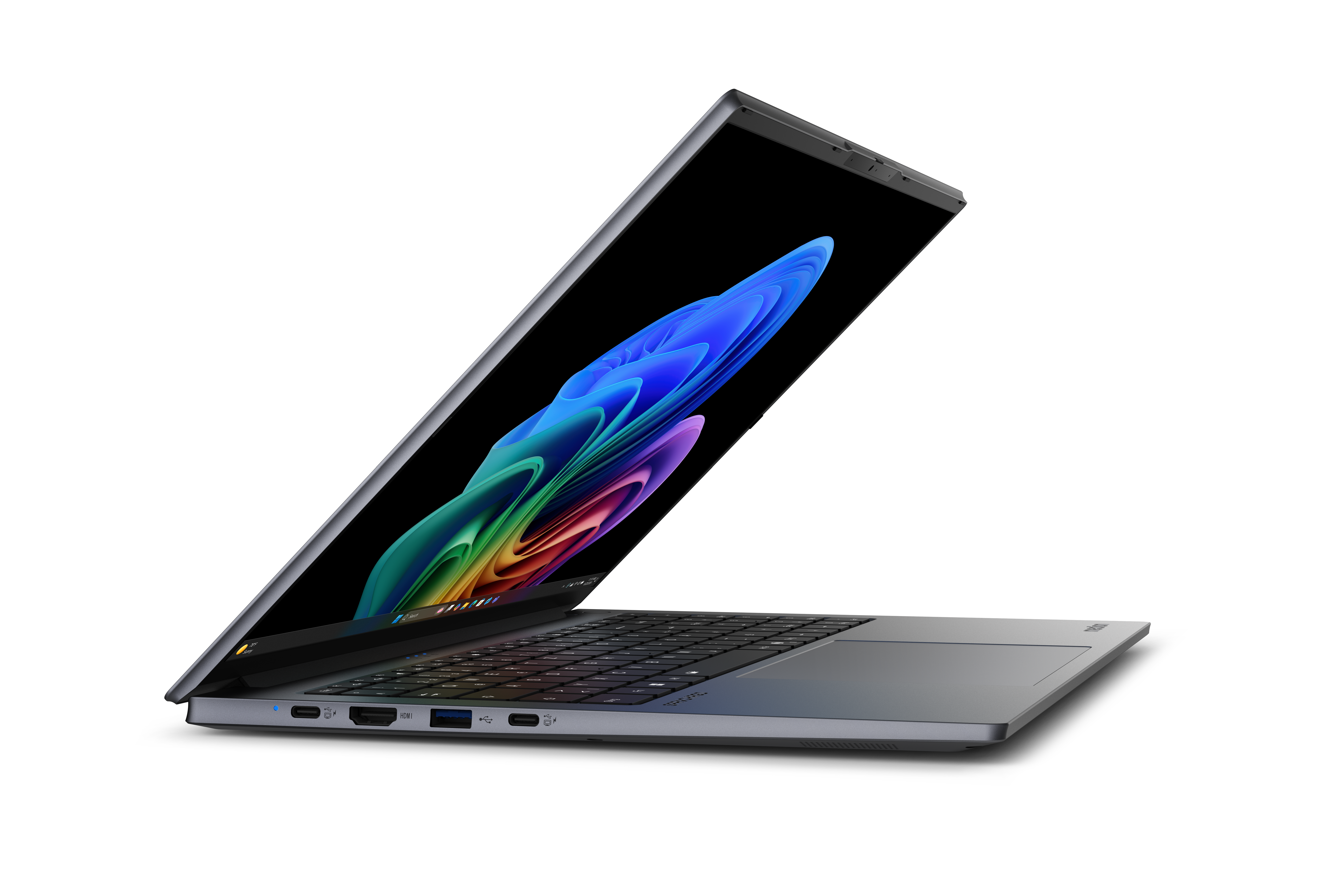 Ein silberner Laptop ist geöffnet und zeigt ein farbenfrohes abstraktes Bild auf dem Bildschirm. Die Tastatur ist sichtbar, und der Laptop ist abgewinkelt.