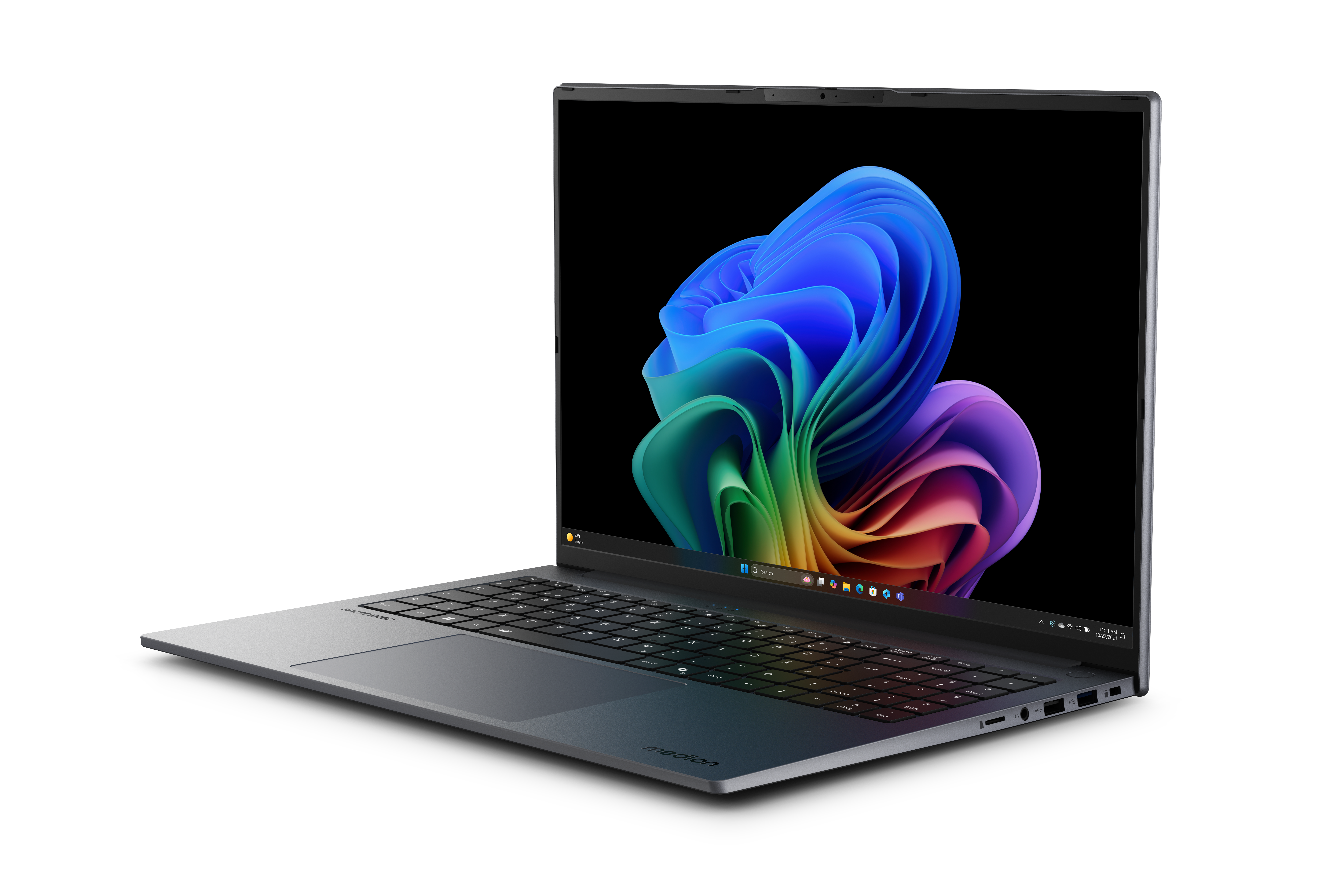 Laptop auf weißem Hintergrund, geöffnet, zeigt ein farbenfrohes abstraktes Bild. Tastatur und Touchpad sichtbar. Grau und schwarz.
