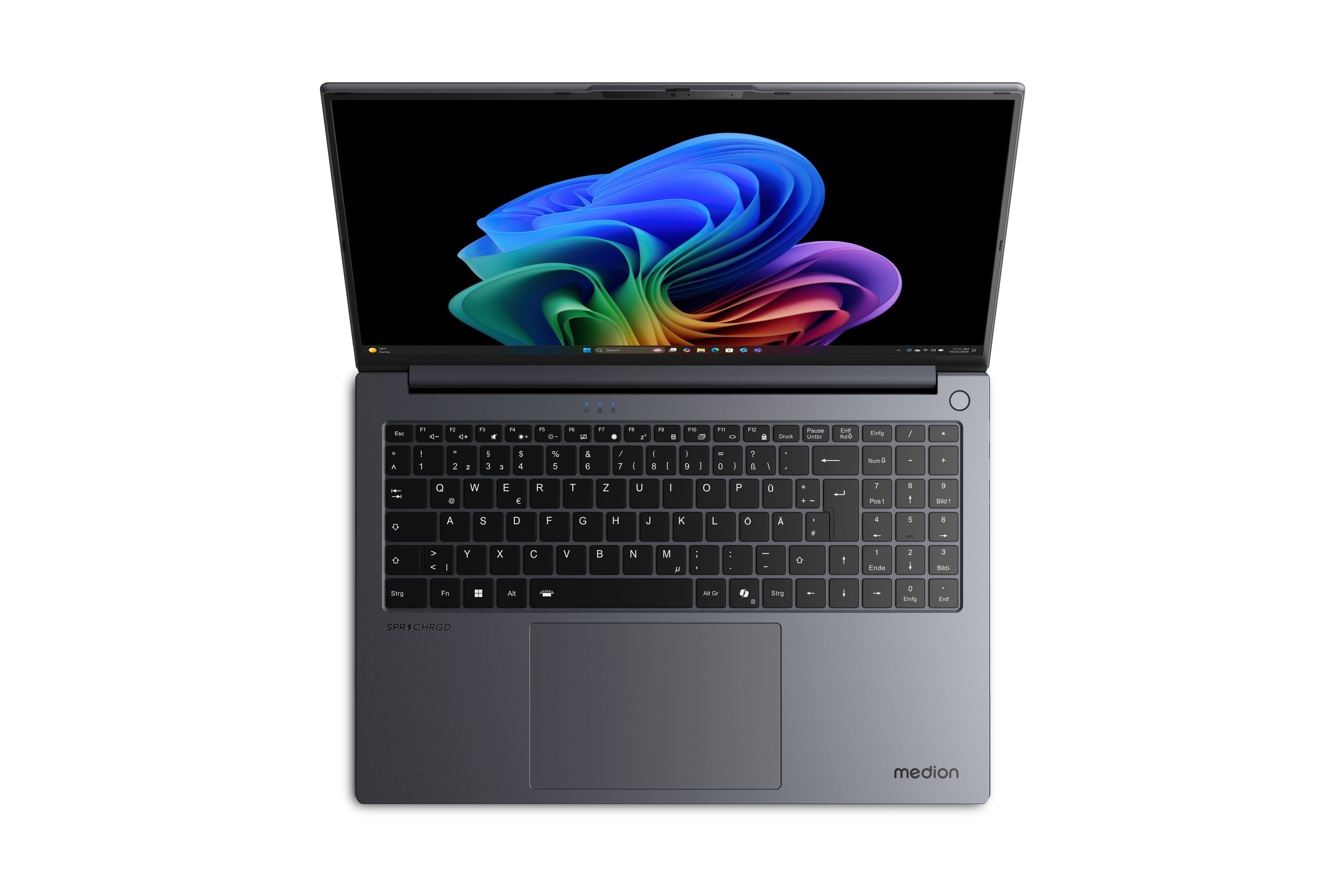 Ein geöffneter Laptop zeigt ein buntes abstraktes Bild auf dem Bildschirm. Die Tastatur ist sichtbar, mit einem Touchpad und der Marke 'medion'.