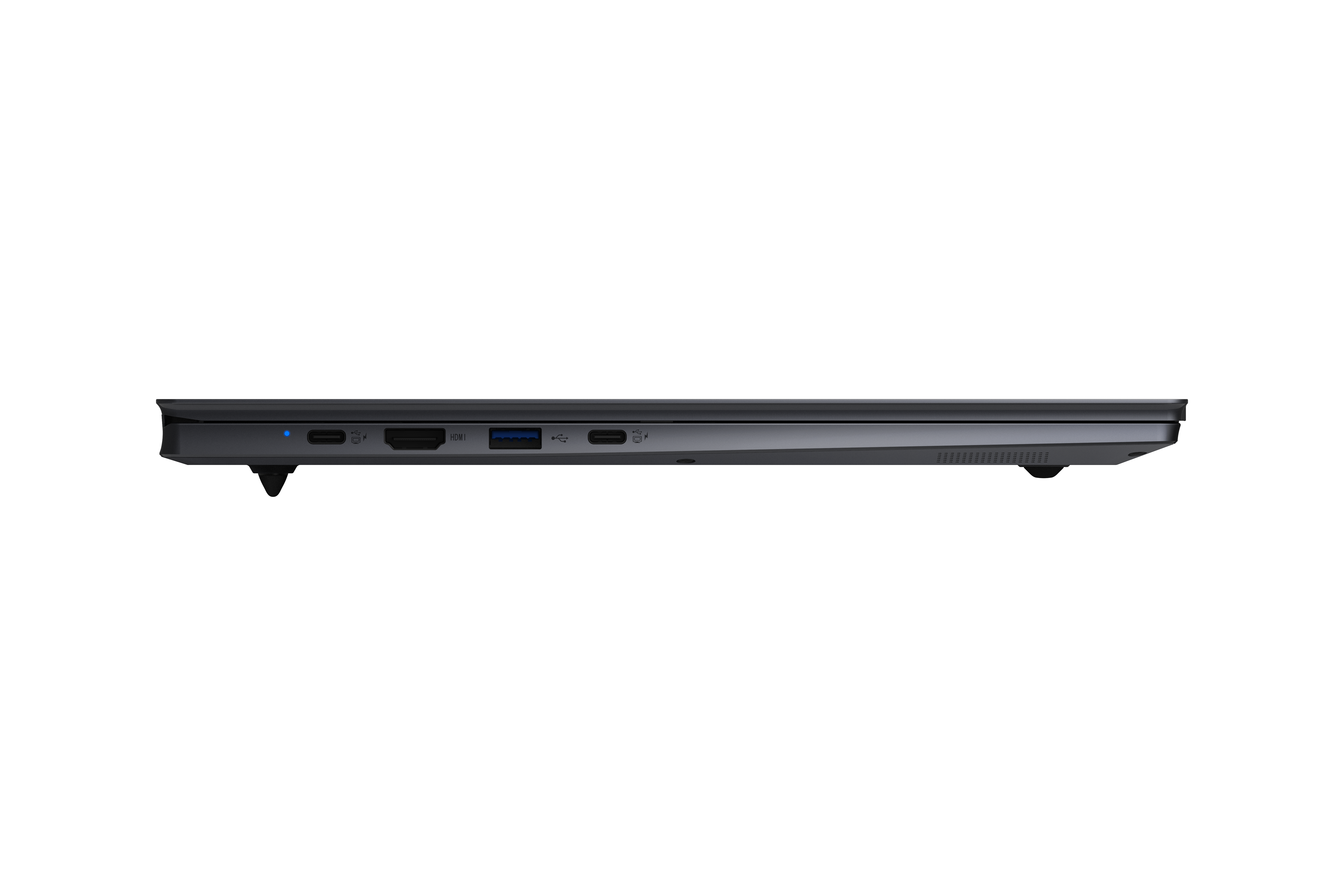 Seitenansicht eines dunkelgrauen Laptops mit Anschlüssen für Laden, USB und HDMI, vor weißem Hintergrund.