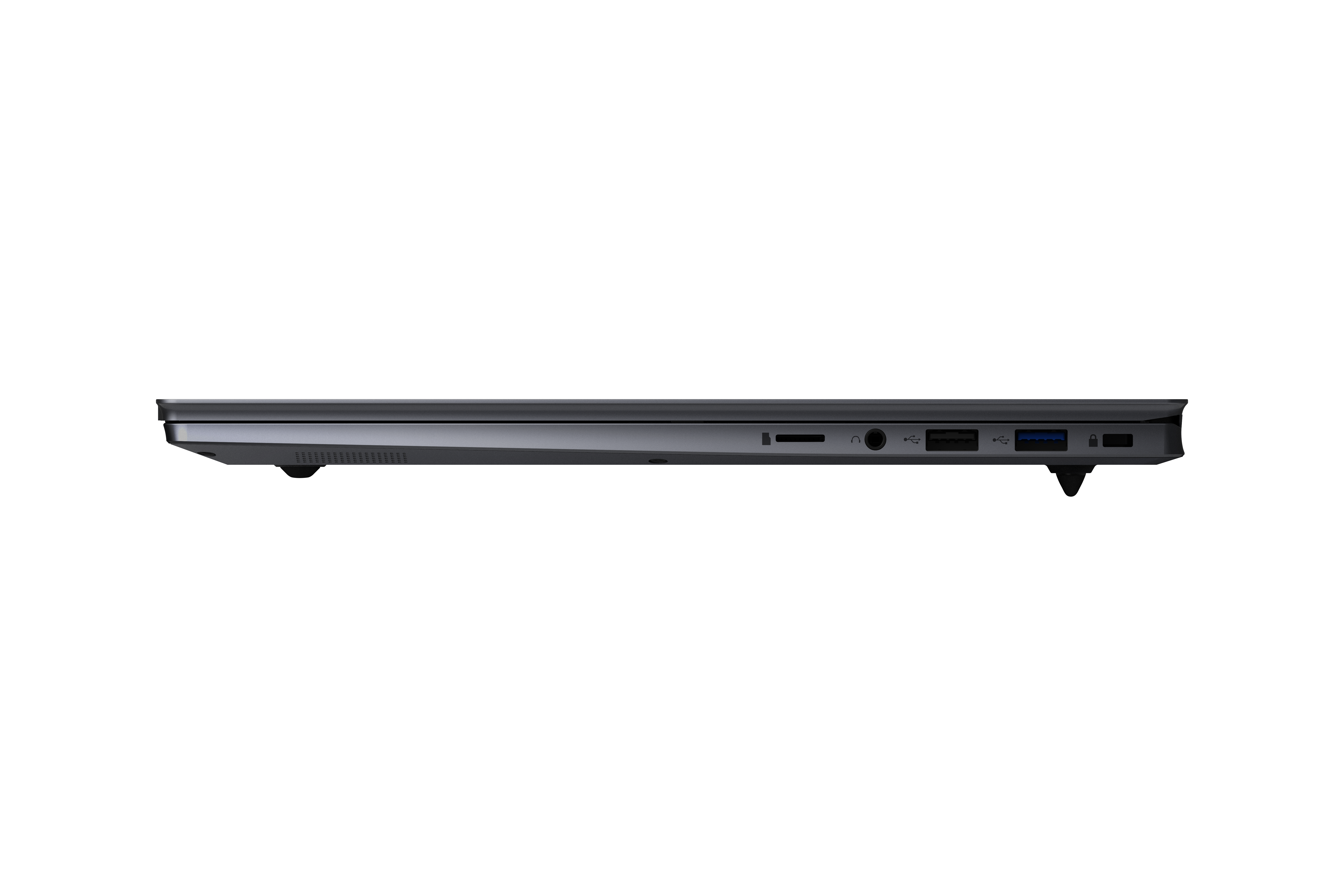 Seitenansicht eines dunkelgrauen Laptops auf weißem Hintergrund. Anschlüsse, einschließlich USB und Audio, sind sichtbar.