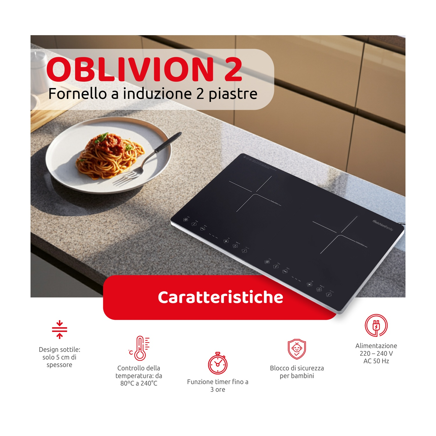 Piano cottura a induzione con pasta e forchetta su un piatto, accanto a un piano cottura nero. Caratteristiche: timer, blocco bambini e controllo temperatura.