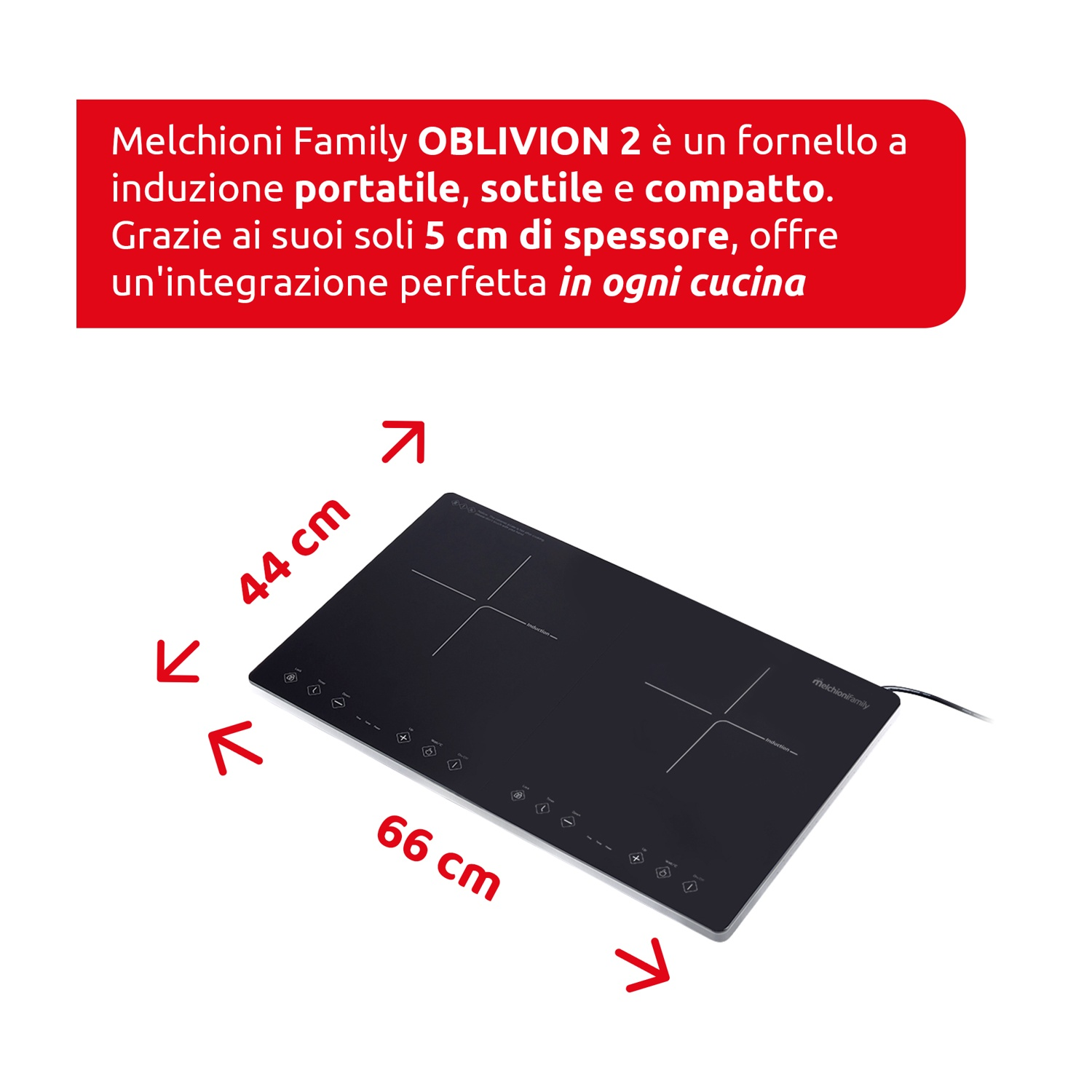 Piano cottura a induzione nero con segni bianchi e dimensioni. Riquadro di testo rosso in alto.
