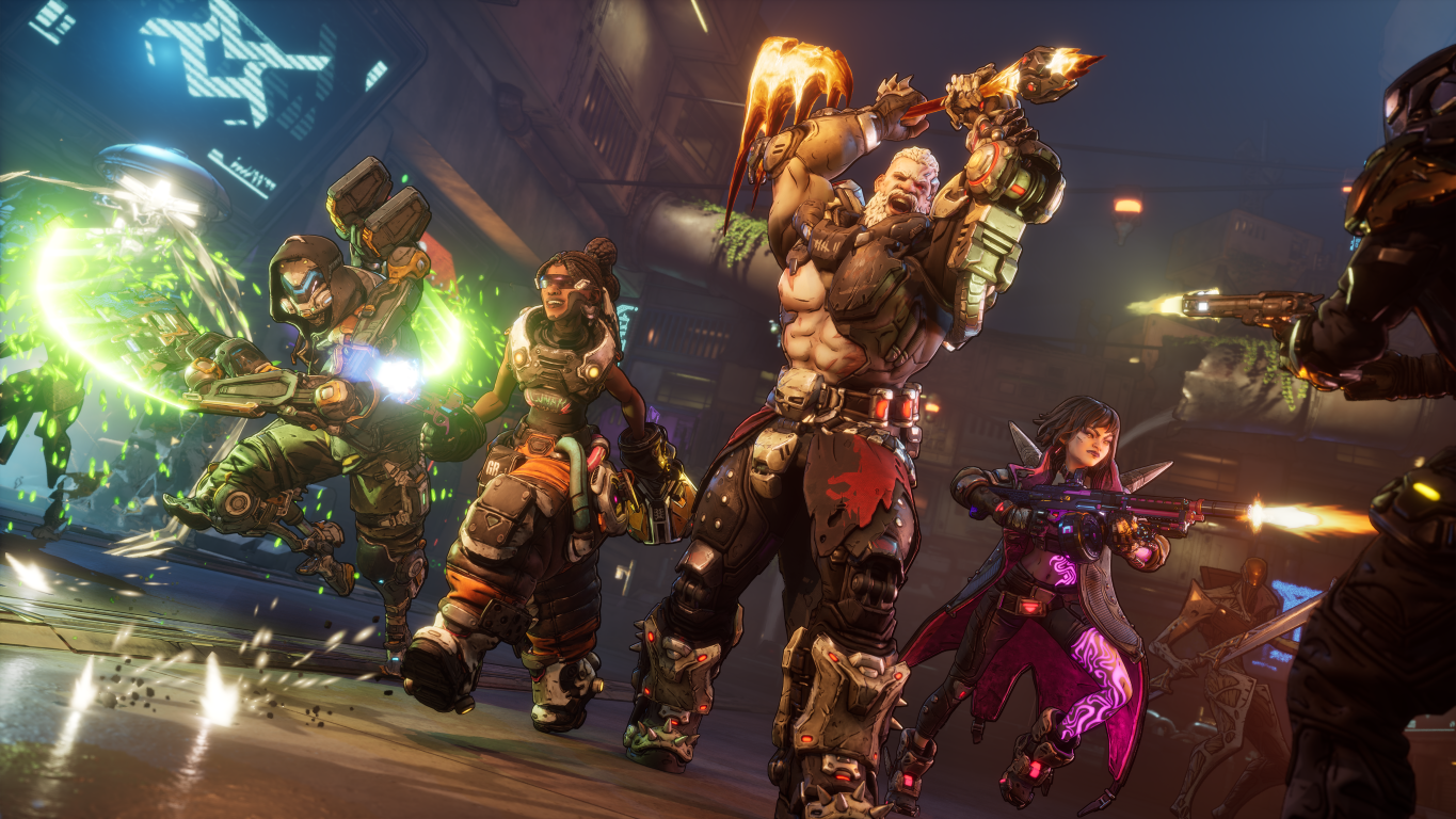 Postacie w akcji, sceneria science-fiction. Mężczyzna z toporem, inni z bronią. Wybuchy i efekty zielonej energii. Futuristyczne środowisko.