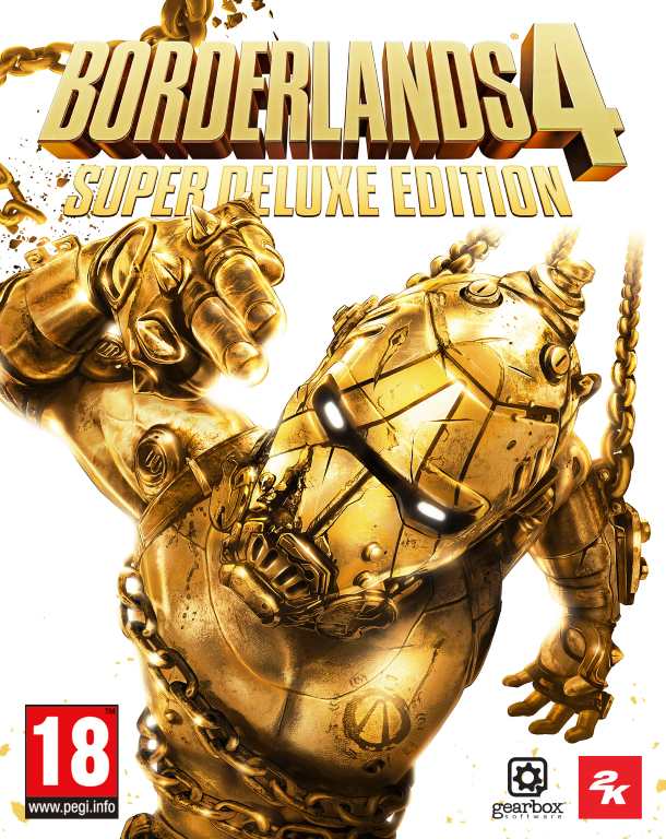 Złota postać z Borderlands 4. Tytuł na górze, Super Deluxe Edition poniżej. Łańcuchy i detale zębatek. Kategoria wiekowa 18. Loga Gearbox i 2K.