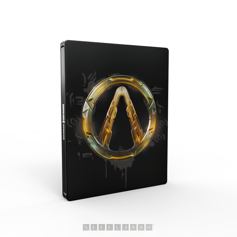 Stalowa obudowa z logo Borderlands 3 na czarnym tle. Logo to złota litera 'A' w okręgu.