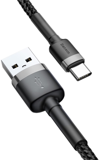 Fekete Baseus USB-A - USB-C töltőkábel. Az USB-A csatlakozó ezüst, az USB-C fekete. Fonott kábel.