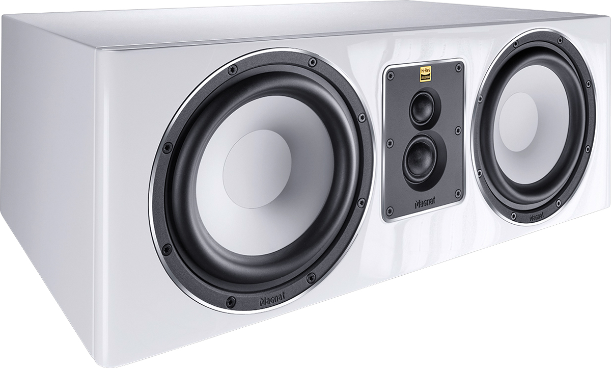 Weiße Soundbar mit drei Lautsprechern und schwarzem Lautsprechergrill. Die Lautsprecher sind in einem weißen Gehäuse.