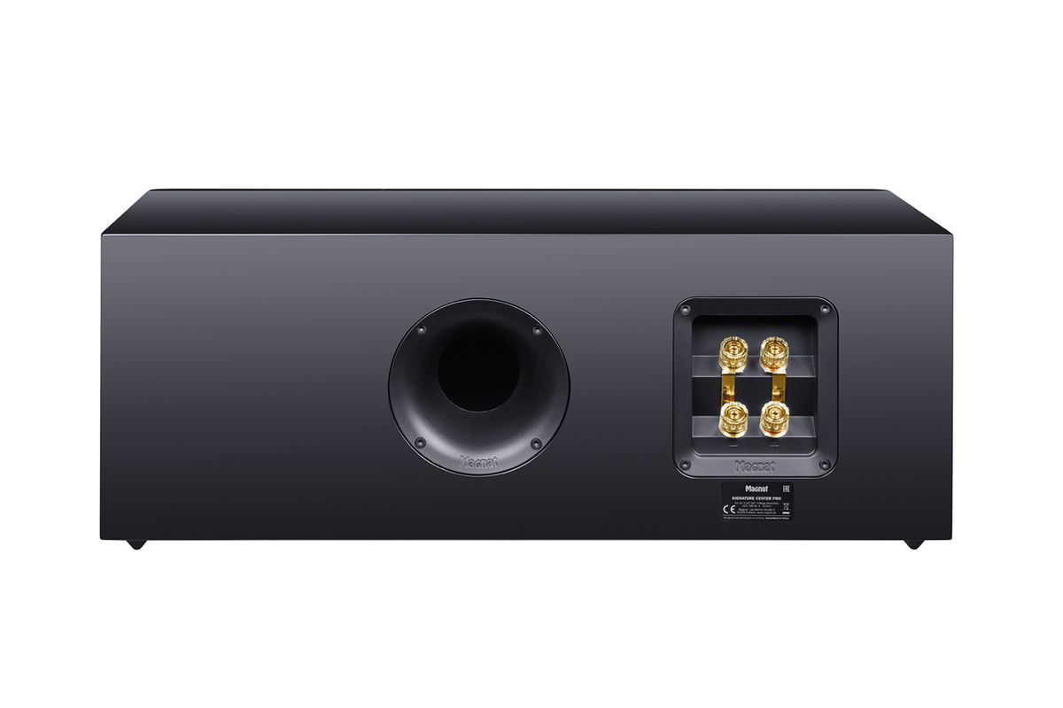 Schwarze rechteckige Subwoofer-Rückseite. Mit Anschluss, Lautsprecherkabelanschlüssen und dem Magnat-Logo.