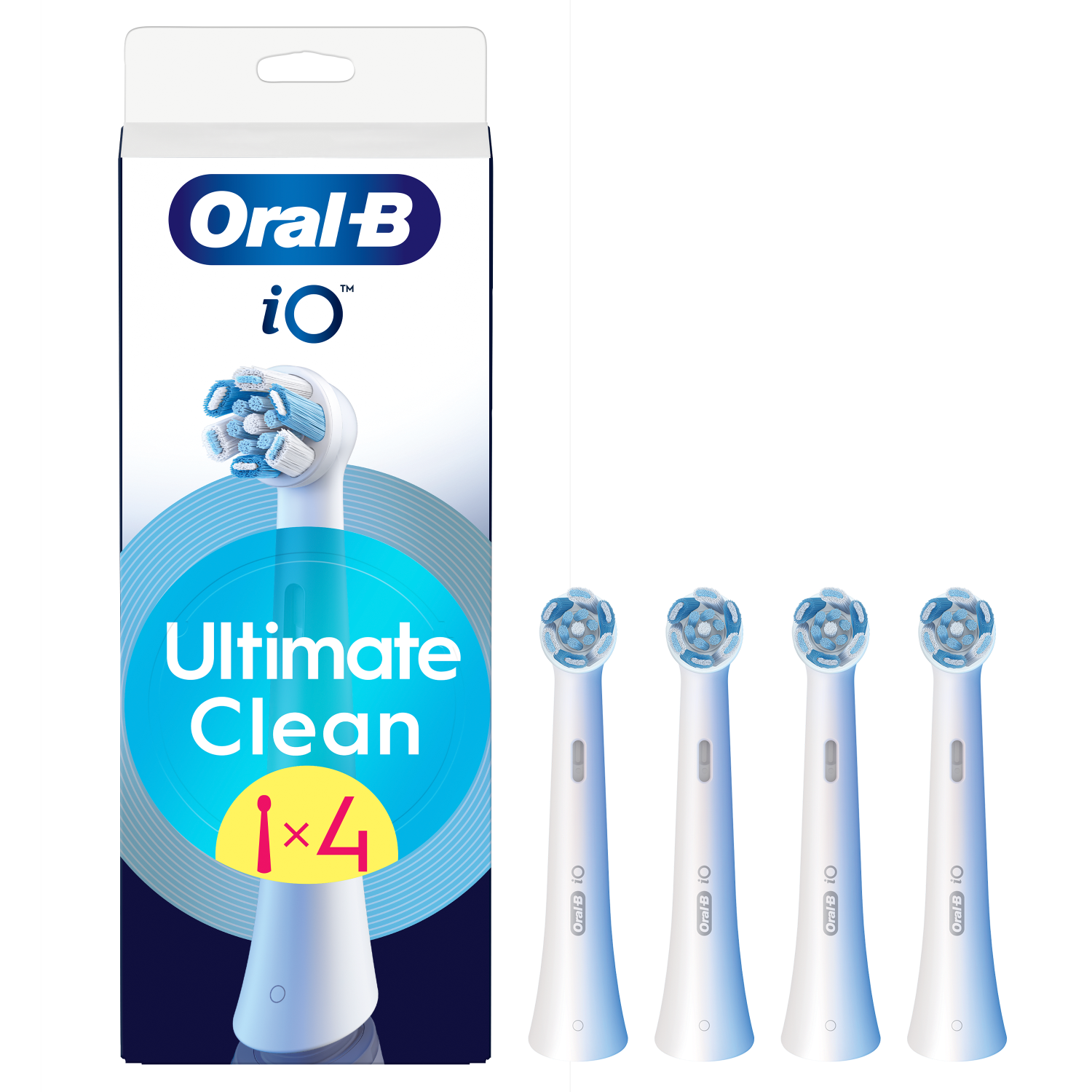 Opakowanie głowic do szczoteczki Oral-B iO. Opakowanie pokazuje produkt i cztery głowice wymienne. Schemat kolorów biało-niebieski.