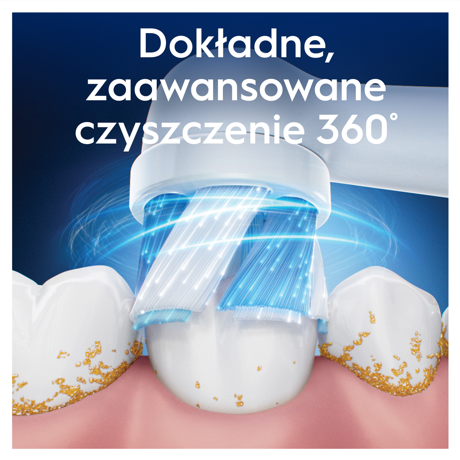 Szczoteczka do zębów czyści zęby. Główka szczoteczki jest biało-niebieska, z napisem 'Dokładne, zaawansowane czyszczenie 360°'.