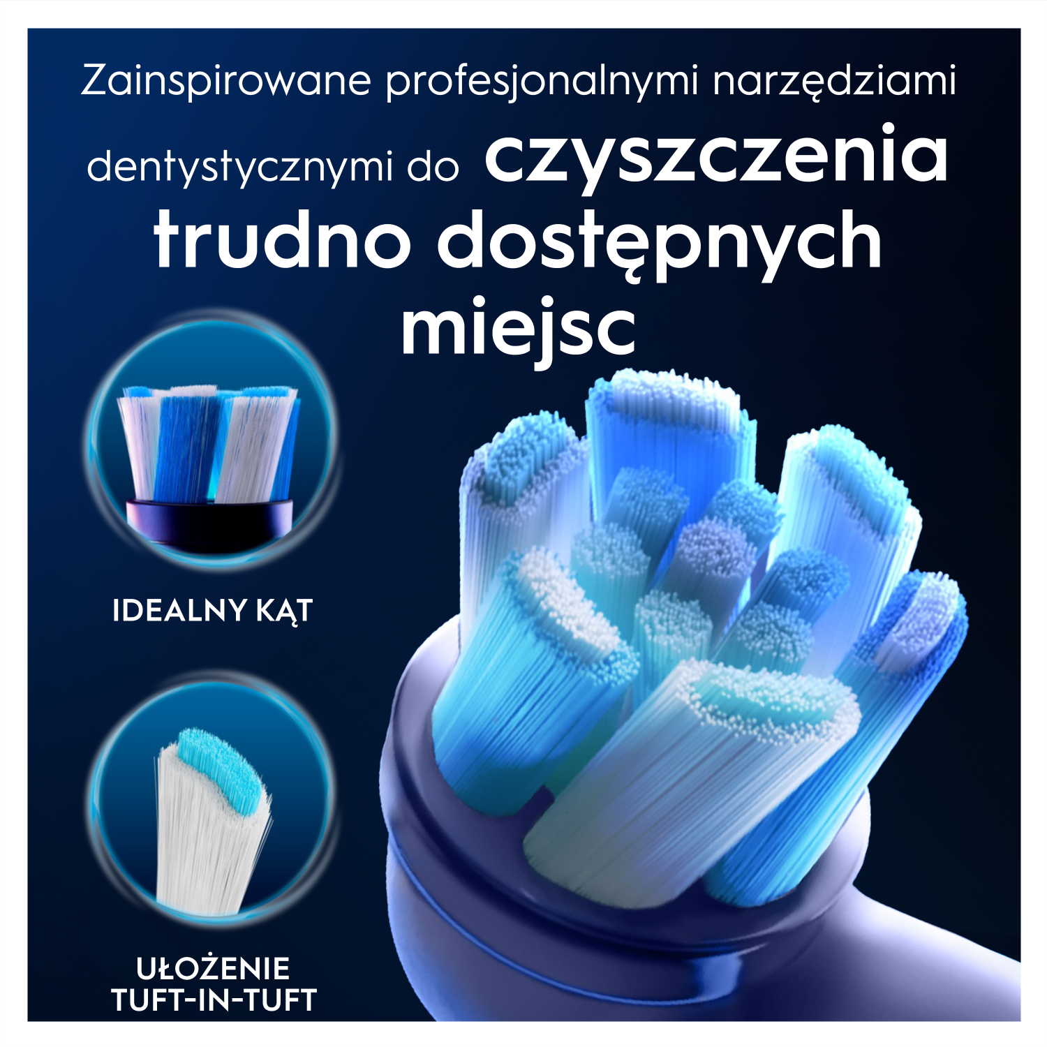Główka szczoteczki do zębów z niebieskim i białym włosiem. Tekst podkreśla czyszczenie trudno dostępnych miejsc za pomocą narzędzi dentystycznych.