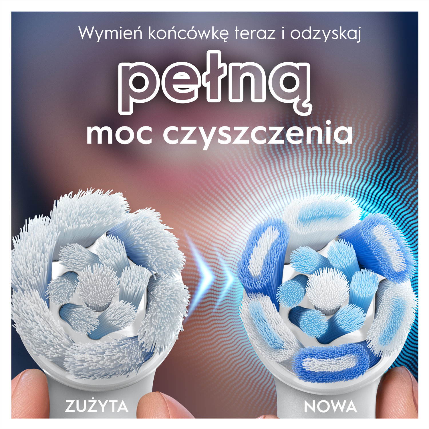 Obraz przedstawia dwie głowice szczoteczki do zębów, jedną starą i jedną nową. Tekst mówi: 'Wymień końcówki teraz i odzyskaj pełną moc czyszczenia'.