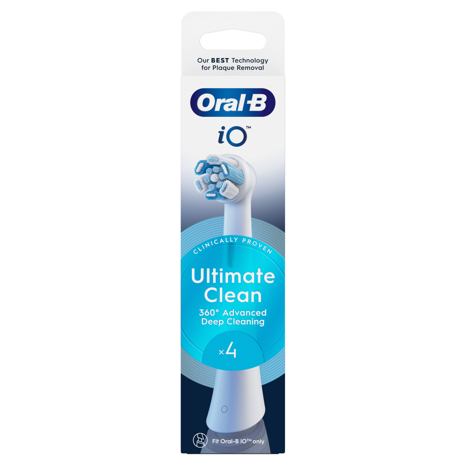 Opakowanie głowic do szczoteczki Oral-B io. Dominują kolory biały i niebieski. Tekst zawiera 'Ultimate Clean' i '4'.