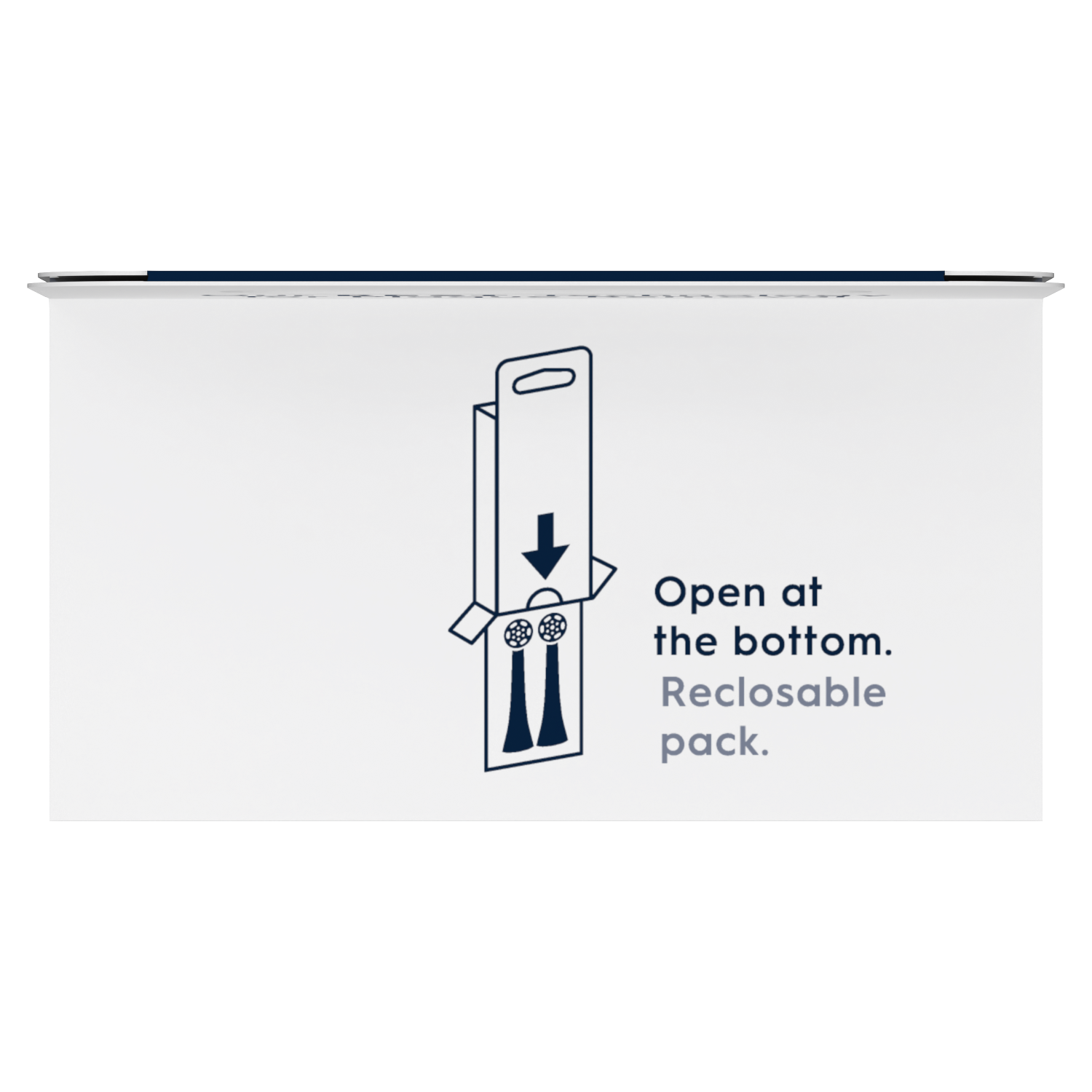 Ilustracja opakowania główek szczoteczki do zębów. Pokazuje, gdzie otworzyć i że jest to opakowanie z możliwością ponownego zamknięcia.