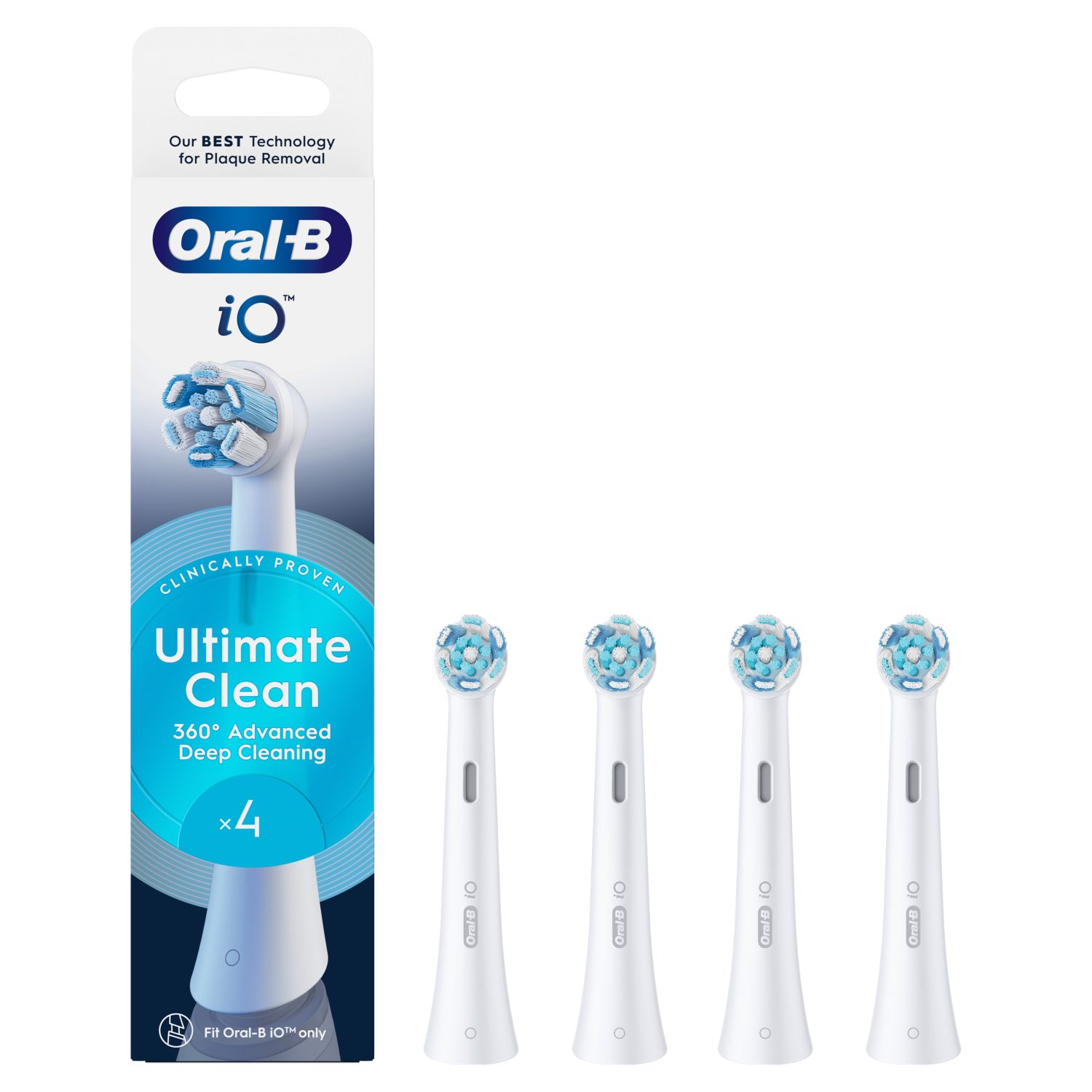 Zdjęcie przedstawia końcówki do szczoteczki do zębów Oral-B iO Ultimate Clean. Opakowanie 4 sztuk jest wyświetlane obok opakowania. Na opakowaniu widnieje napis 'klinicznie przetestowane'.
