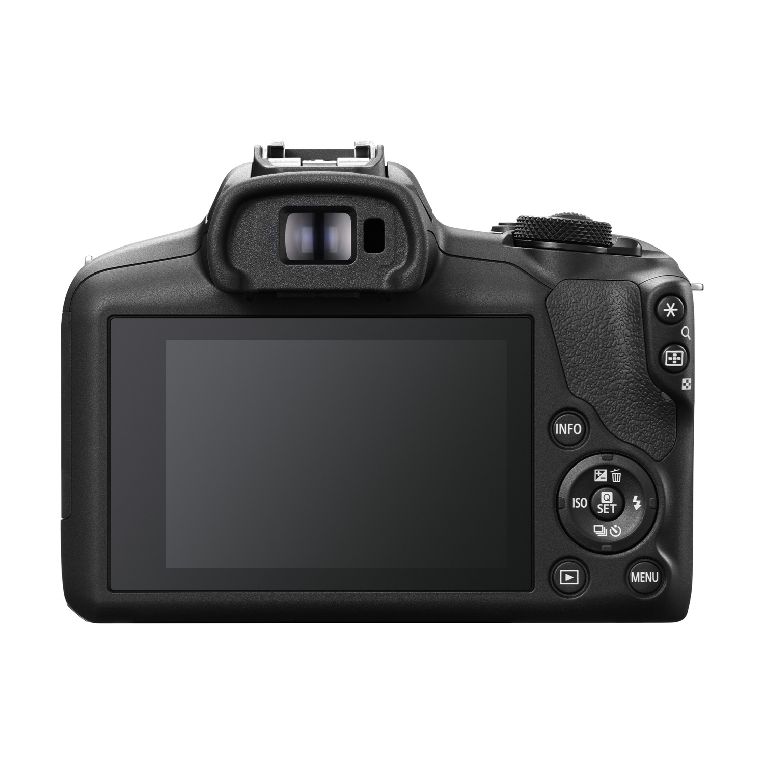 Fotocamera DSLR nera su sfondo bianco. Include mirino, schermo LCD e vari pulsanti per impostazioni.
