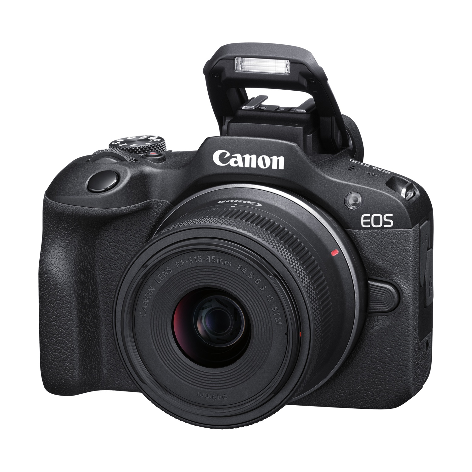 Fotocamera Canon EOS R100 nera con obiettivo. Un flash è in alto. L'obiettivo è rivolto in avanti.