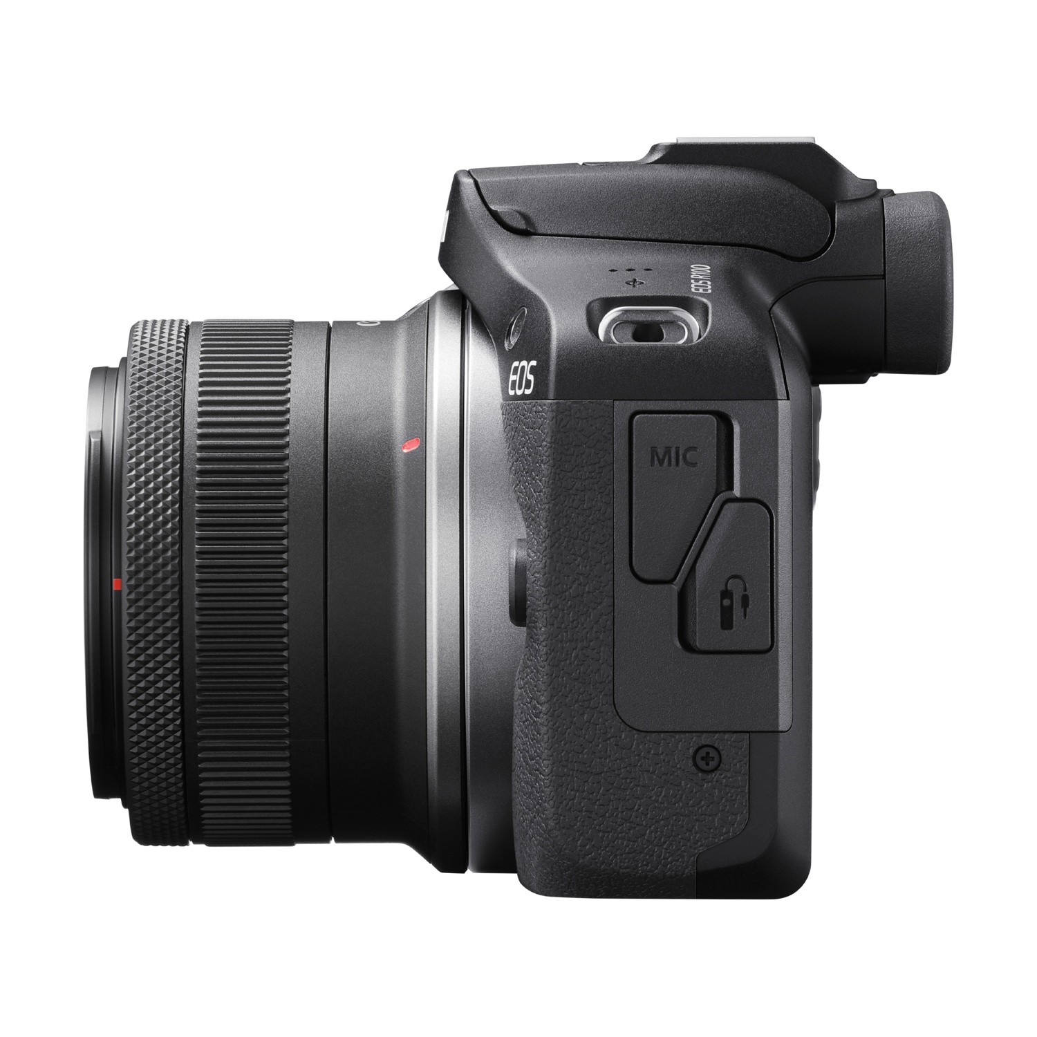 Una fotocamera Canon EOS nera con un obiettivo collegato. La fotocamera è posizionata su sfondo bianco, vista laterale.
