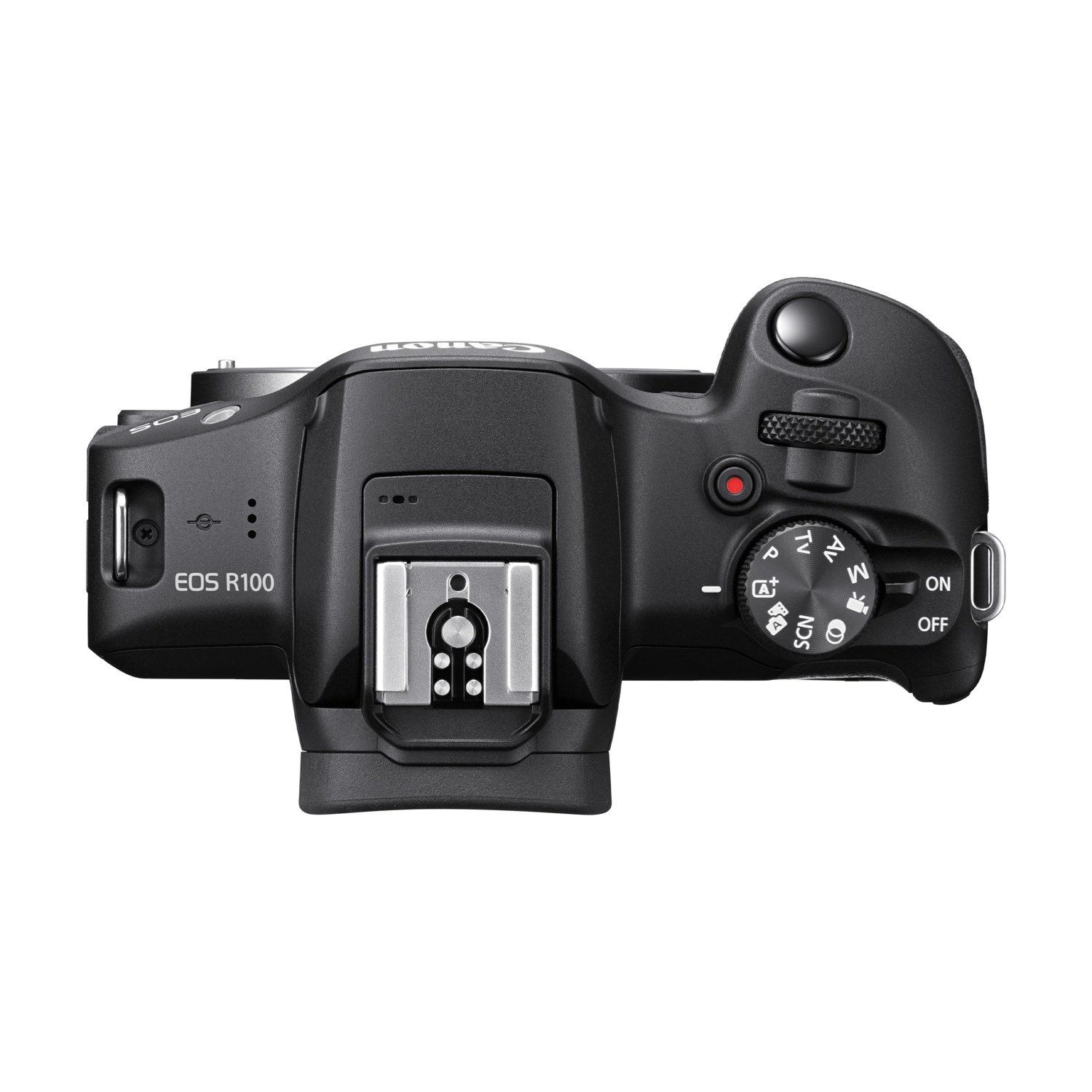 Vista dall'alto di una fotocamera Canon EOS R100 nera. Include ghiera delle modalità, interruttore di alimentazione, slitta e vari pulsanti e quadranti.