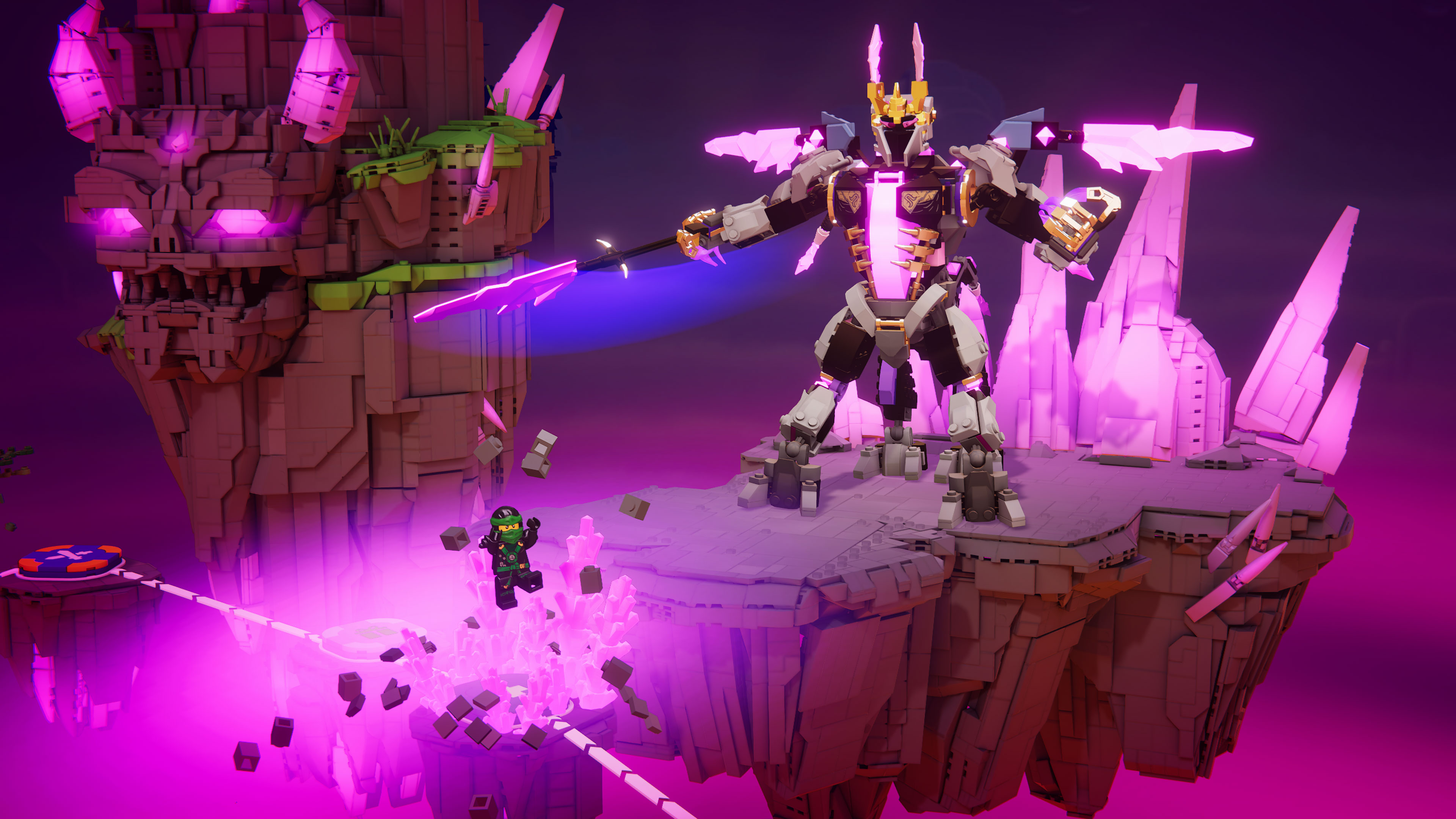 Duży robot z mieczem stoi na pływającej wyspie. Mała postać skacze. Scena rozgrywa się na fioletowym tle.