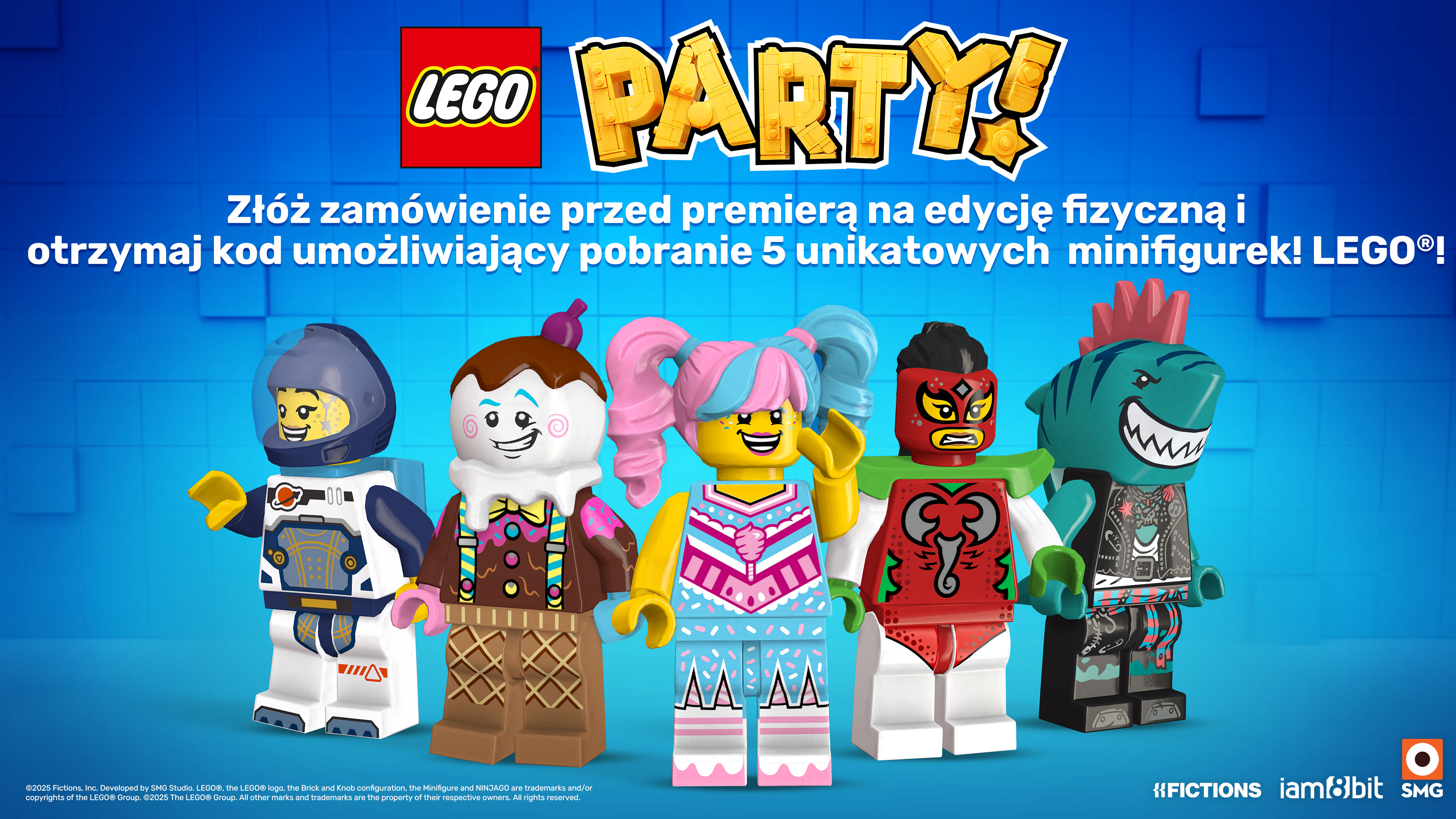 Lego Party! Pięć figurek Lego w rzędzie. Postaciami są kosmonauta, lody, księżniczka, zapaśnik i rekin.