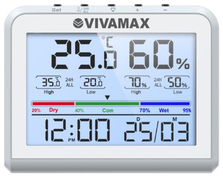 Digitális hőmérő 25,6°C, 60% páratartalom, idő és dátum. Magas/alacsony hőmérsékletet és páratartalmat mutat.