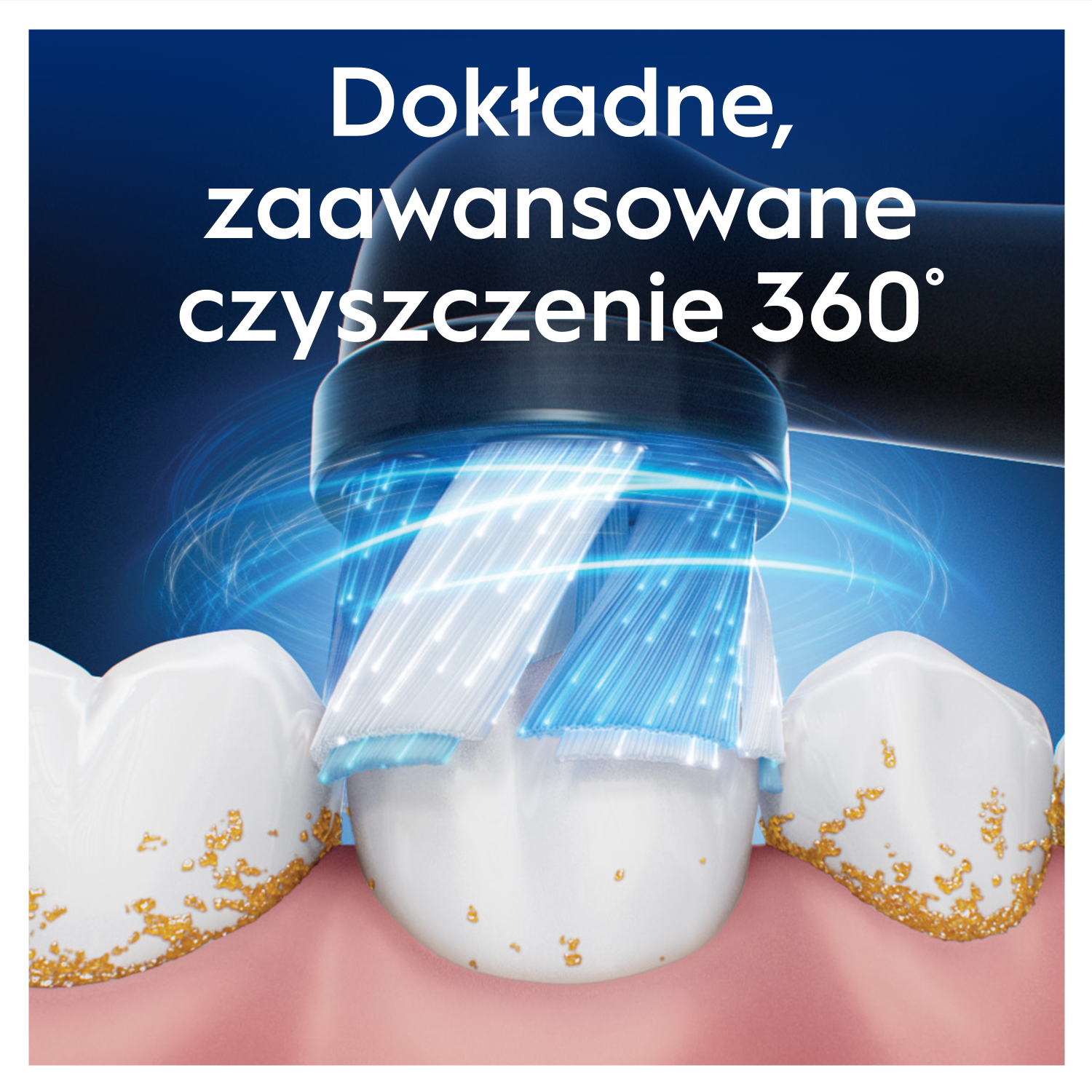 Szczoteczka elektryczna czyści zęby. Białe zęby z żółtymi plamami są czyszczone przez główkę szczoteczki z niebieskim i białym włosiem.