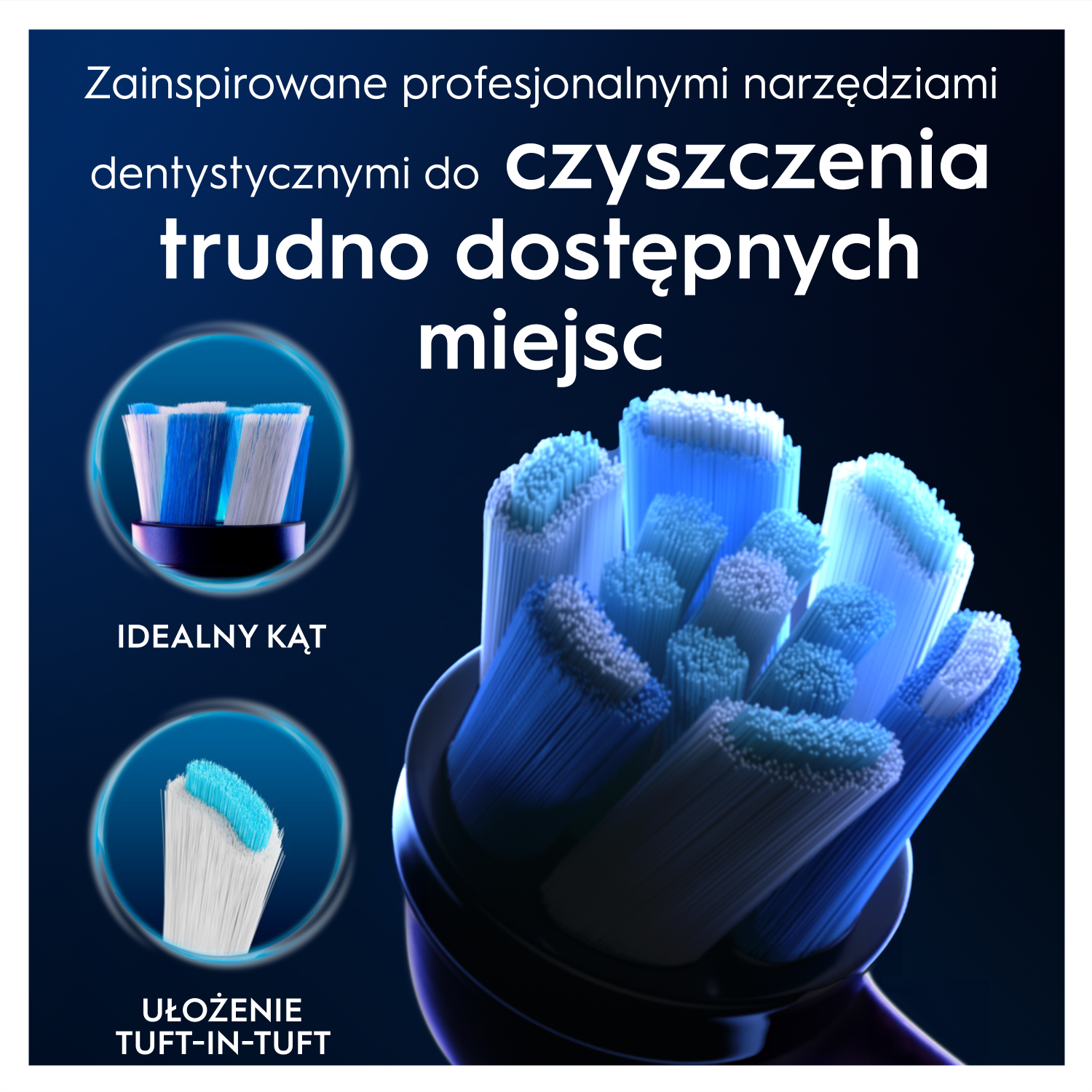 Zbliżenie głowicy szczoteczki do zębów z niebieskim i białym włosiem. Tekst podkreśla czyszczenie trudno dostępnych miejsc i profesjonalne narzędzia.