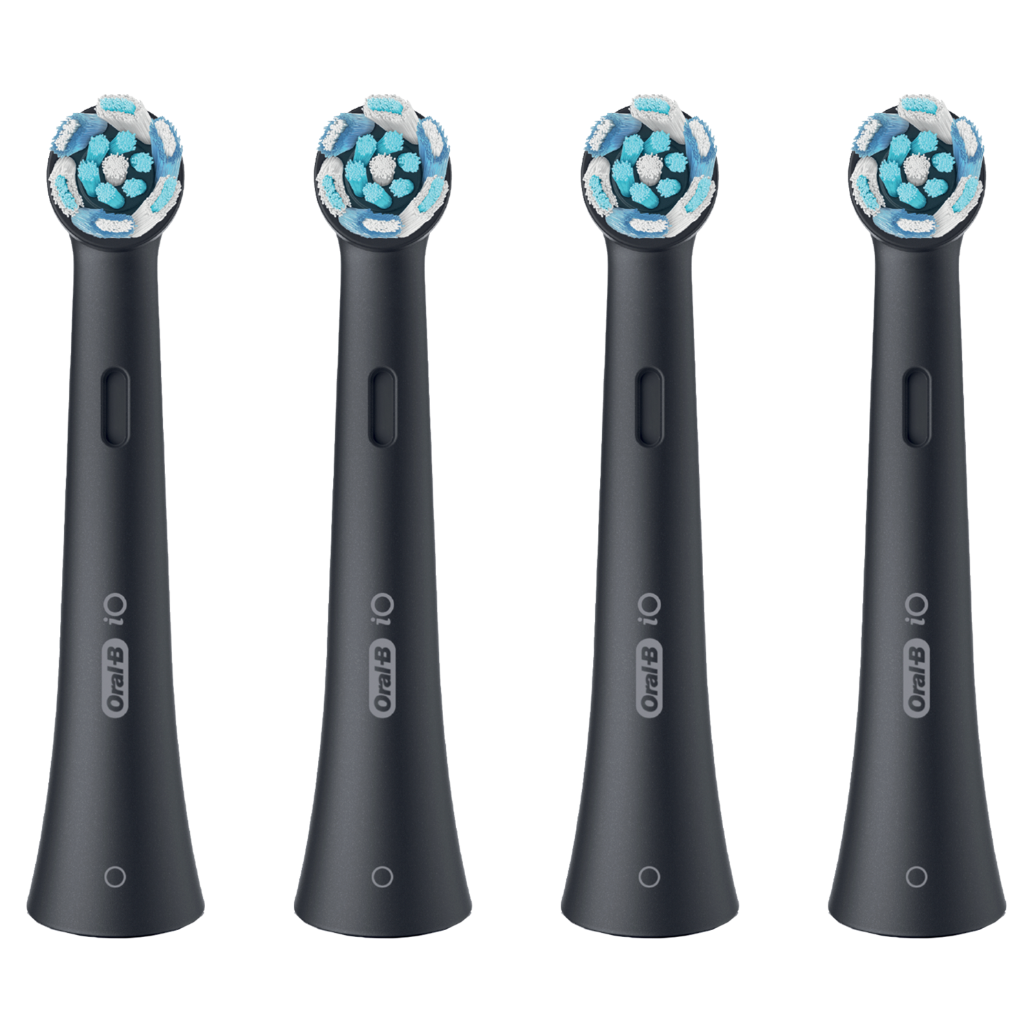 Cztery czarne głowice szczoteczki do zębów Oral-B iO z niebiesko-białym włosiem na czarnym tle.