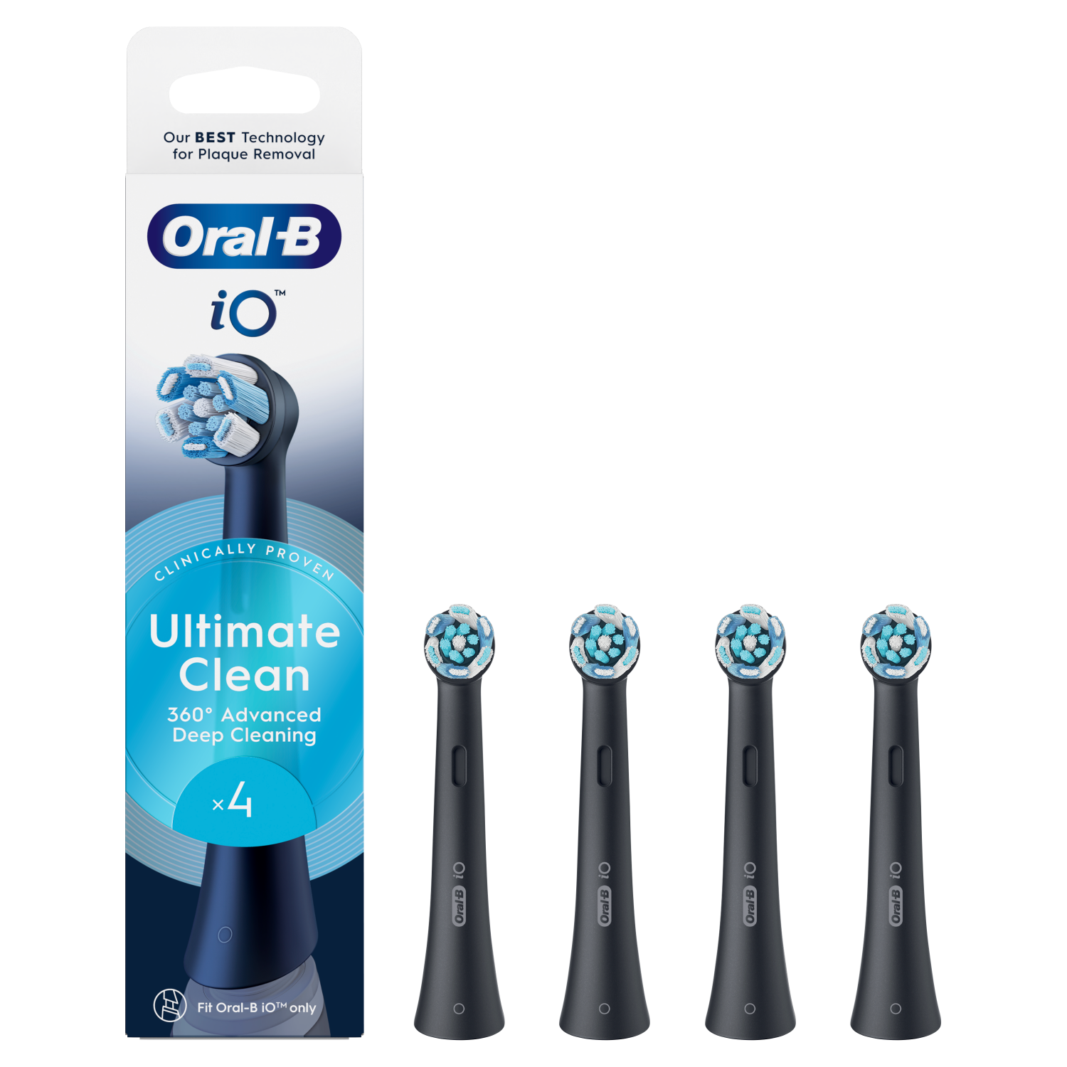 Na czarnym tle znajduje się opakowanie głowic do szczoteczki do zębów Oral-B iO oraz cztery głowice zapasowe. Opakowanie jest po lewej stronie.