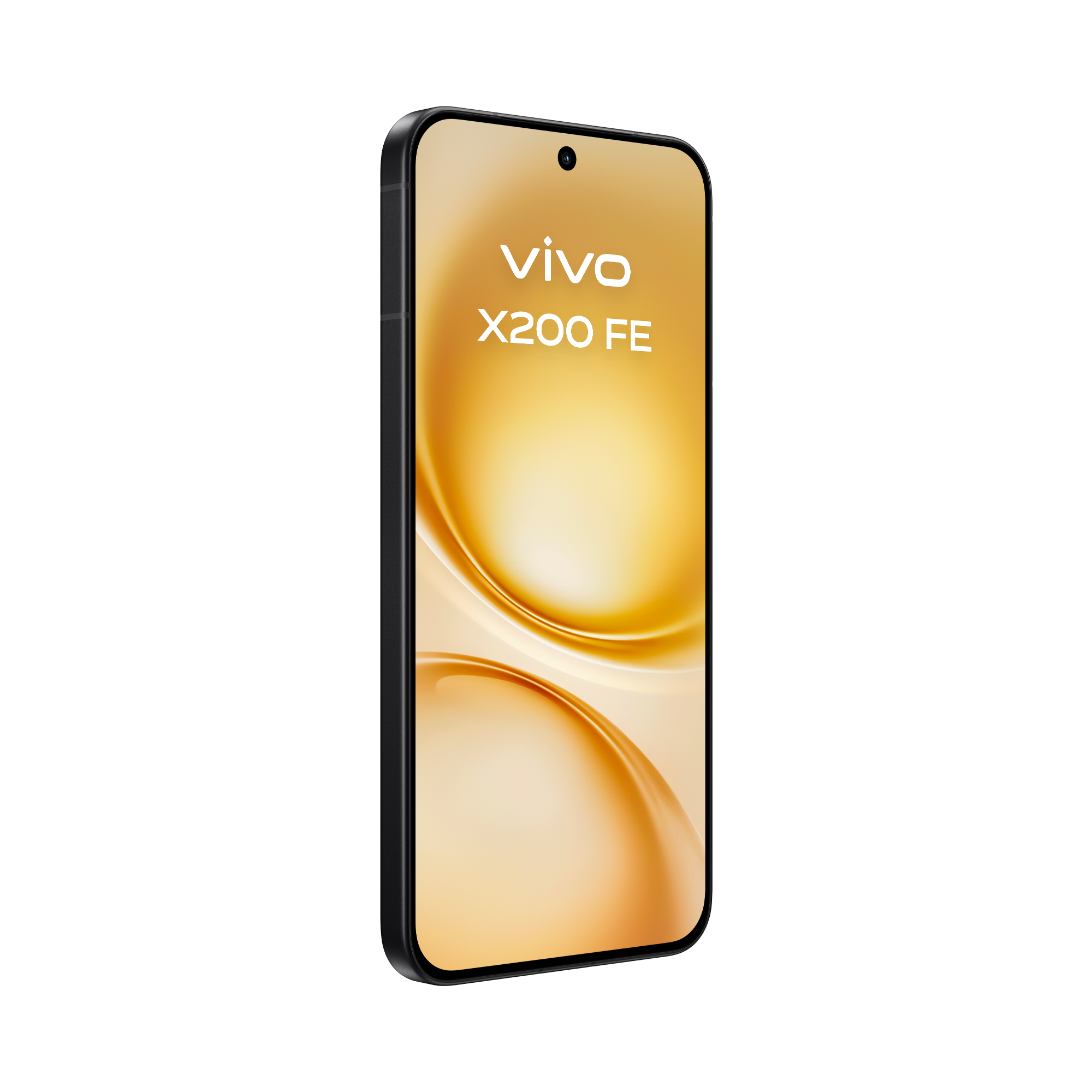 Un teléfono inteligente negro con la pantalla que muestra un gradiente de colores dorados. El logotipo de vivo X200 FE se muestra en blanco.