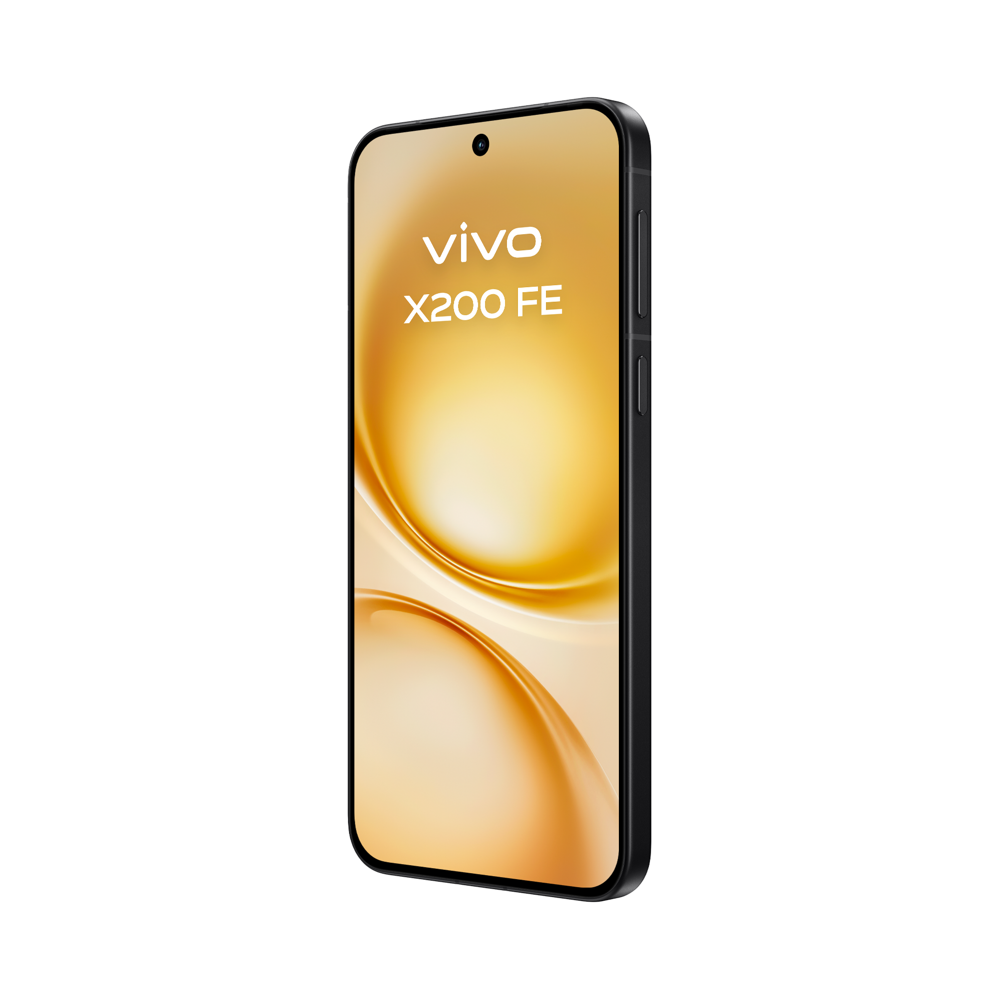 Un teléfono inteligente Vivo X200 FE negro. La pantalla muestra un degradado de oro y blanco, con el logotipo y nombre del modelo de Vivo.