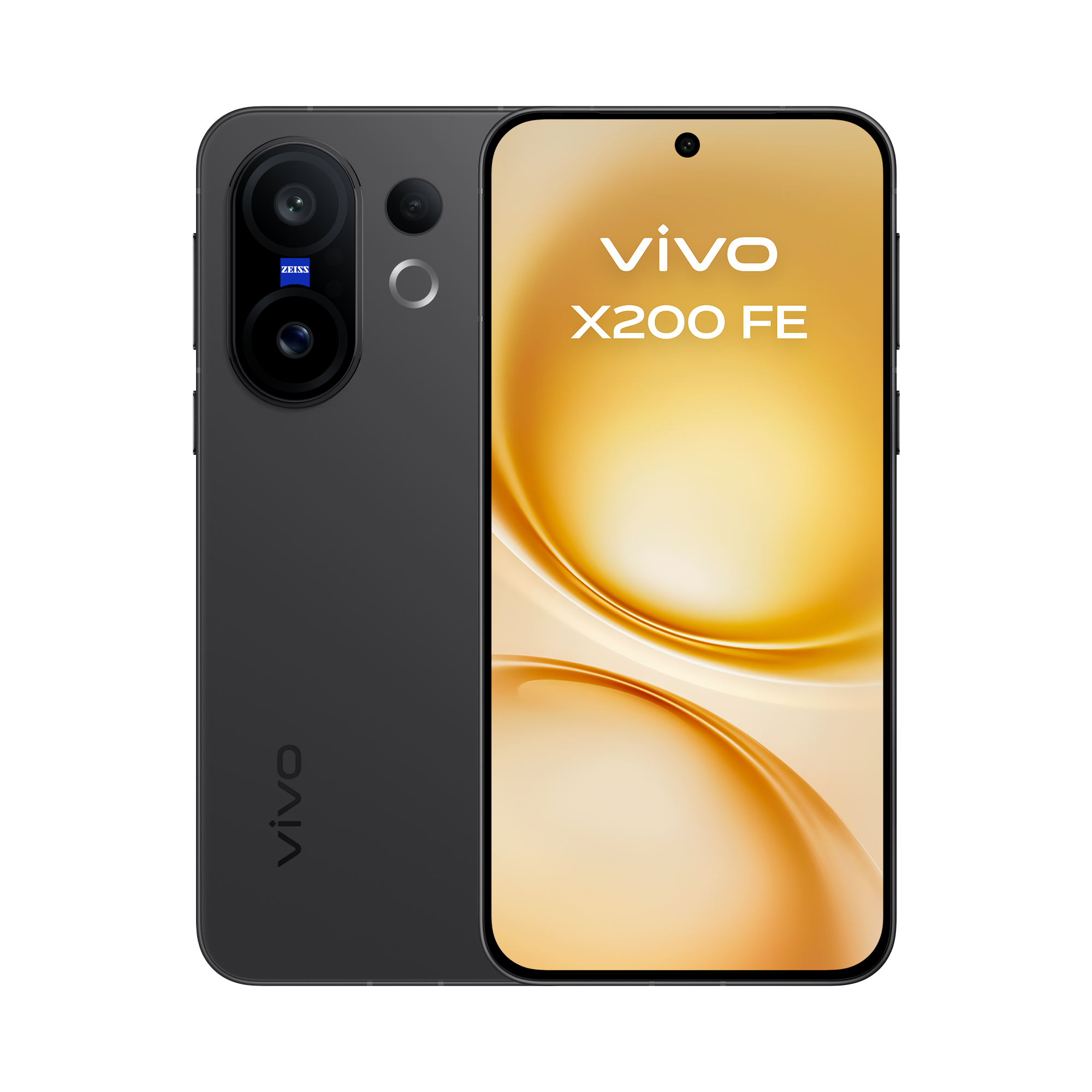 Un teléfono negro Vivo X200 FE. Tiene una pantalla con degradado dorado y una configuración de triple cámara.
