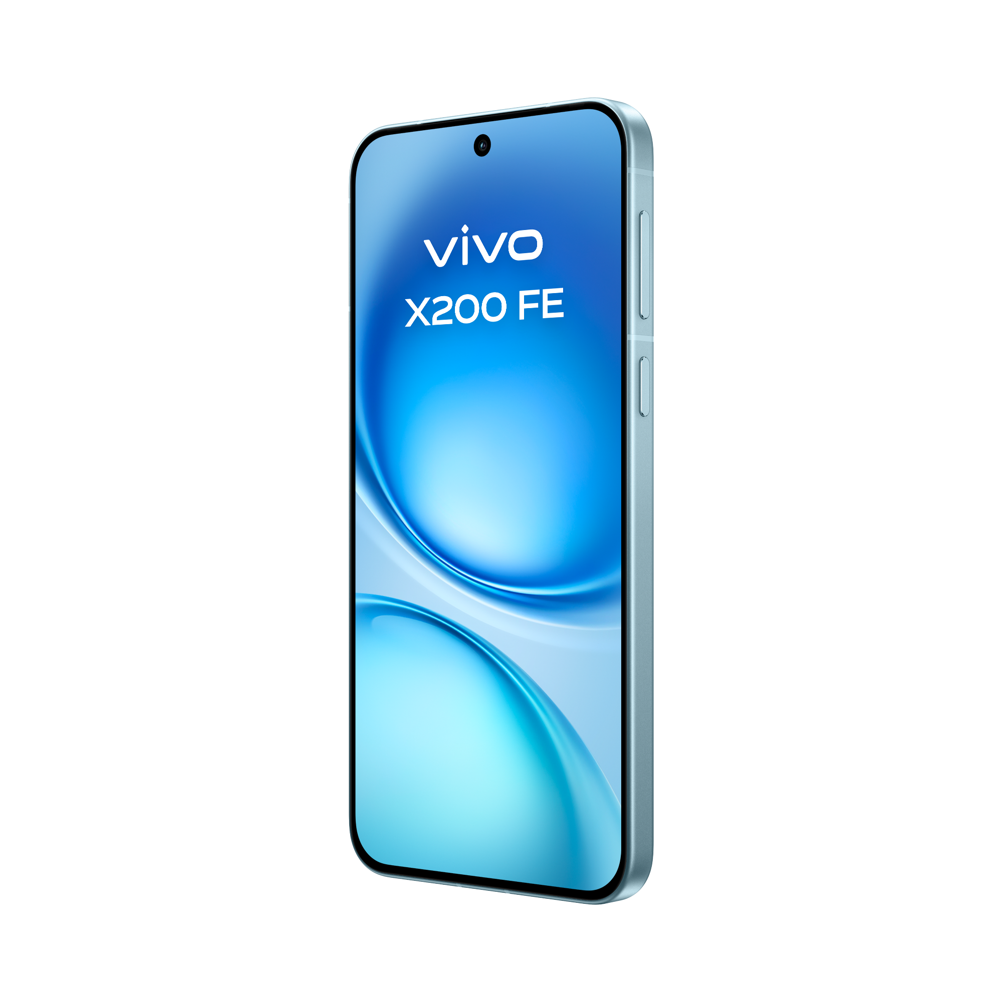 Un smartphone Vivo X200 FE está en exhibición. Tiene una pantalla azul con el logo de Vivo y un fondo degradado azul.