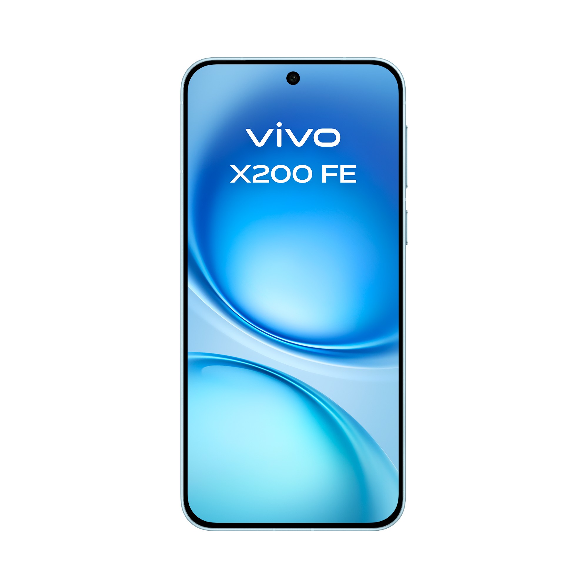 Un smartphone Vivo X200 FE sobre fondo blanco. La pantalla muestra un degradado azul con el logo y el nombre del modelo Vivo.