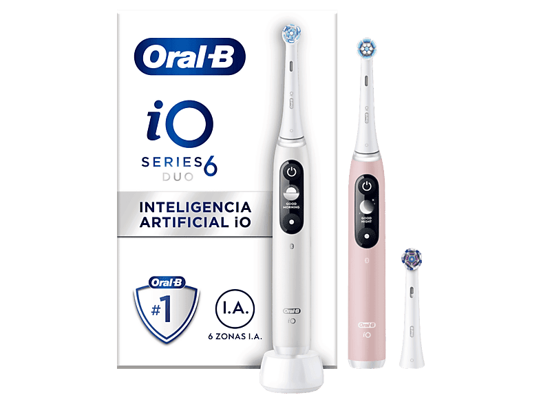 Oral-B iO 6S, Pack doble, 5 modos, Pantalla interactiva, Sensor de presión, Blanco y rosa
