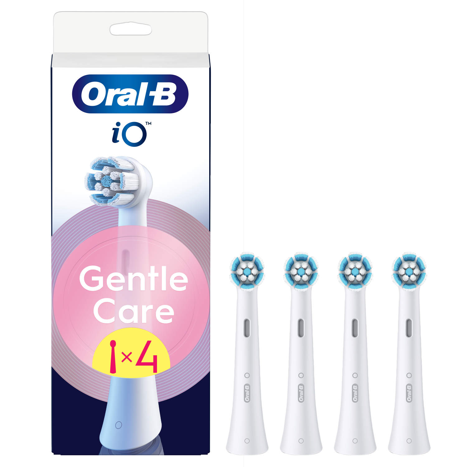Opakowanie głowic do szczoteczki Oral-B iO i cztery głowice zapasowe. Na opakowaniu napis Gentle Care. Tło jest czarne.