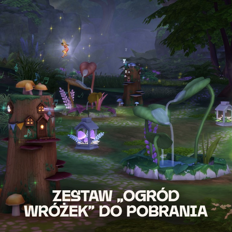 Kapryśna scena ogrodowa z domkami z grzybów, wróżką i fontanną. Sceneria to magiczny las z żywymi kolorami.